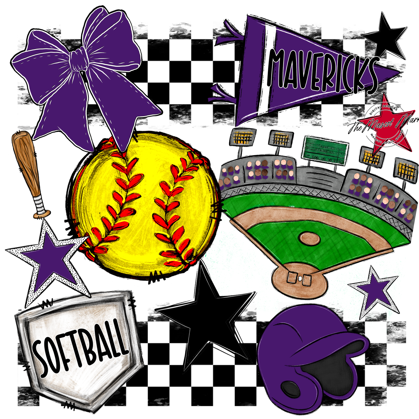 Mavericks Checkers Softball Spirit Design-Purple