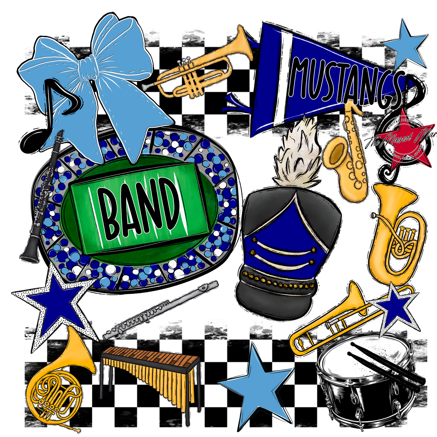 Mustangs Checkers Band Spirit Design-Blue-Carolina Blue