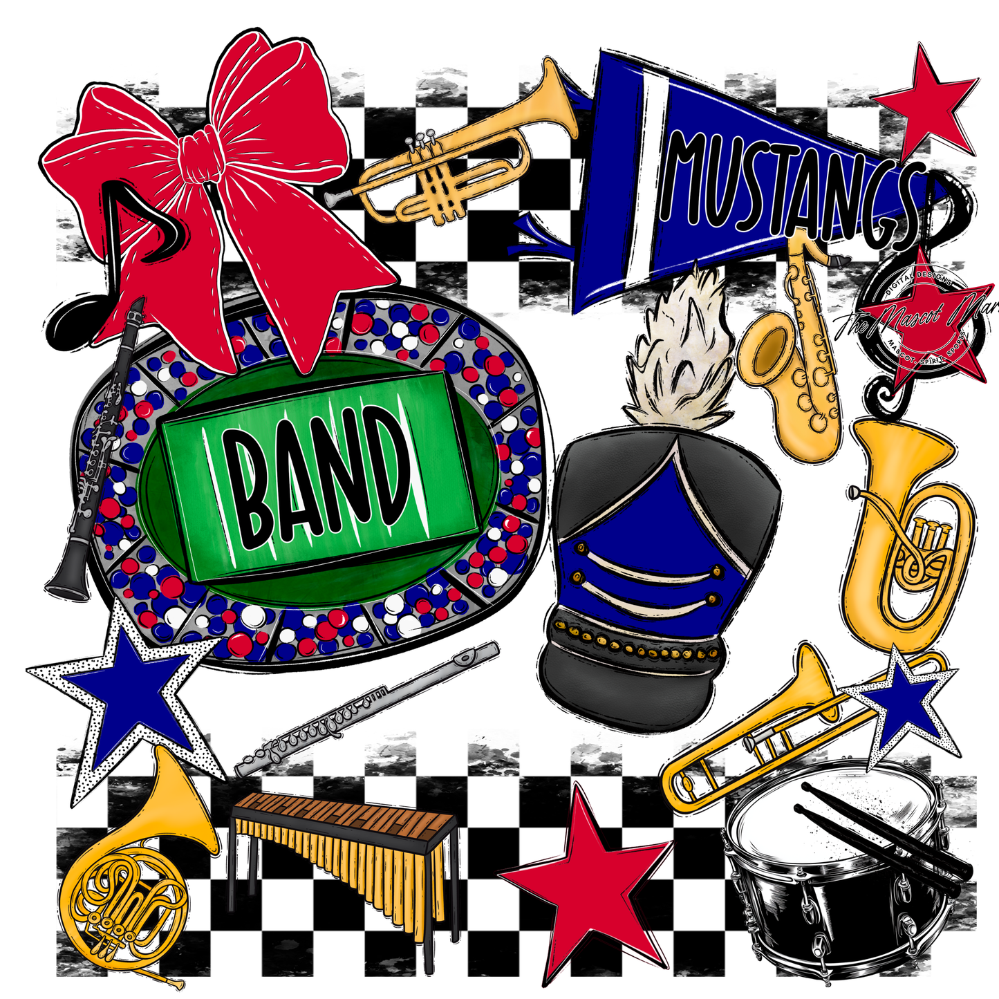 Mustangs Checkers Band Spirit Design-Blue-Red
