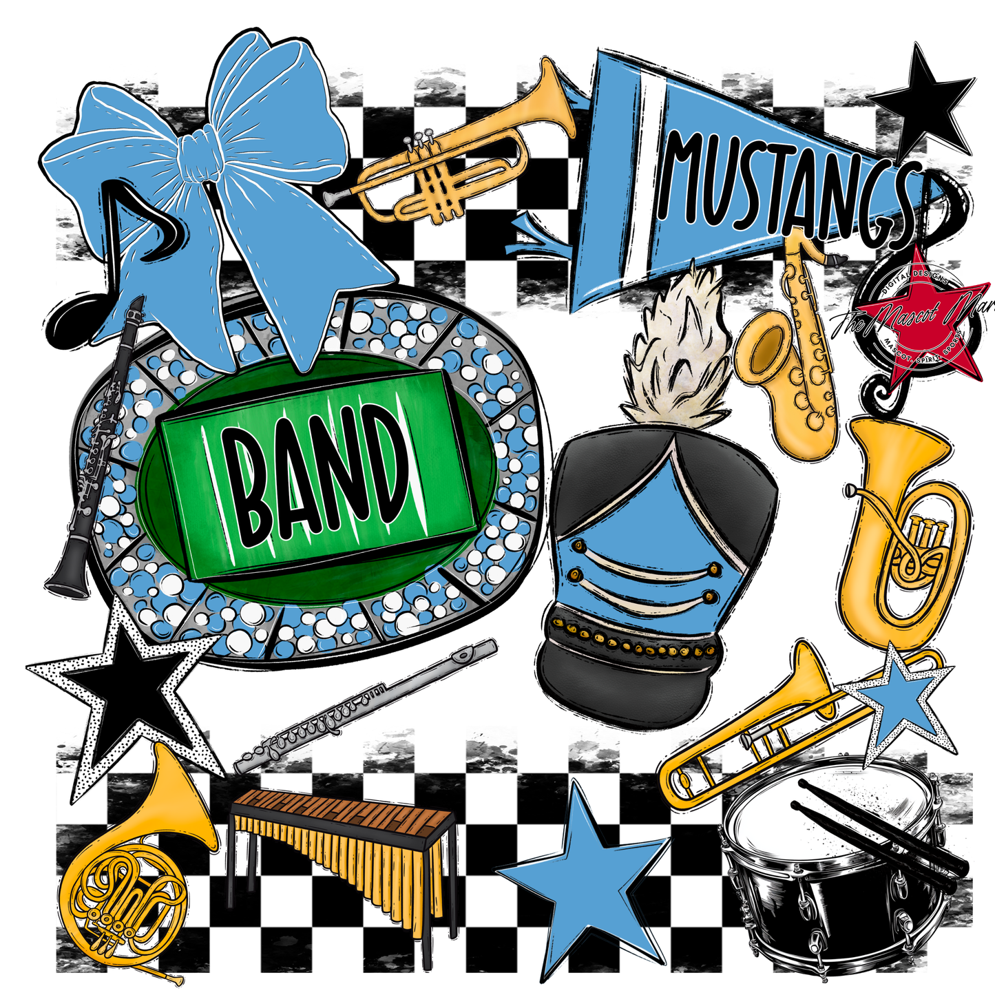 Mustangs Checkers Band Spirit Design-Carolina Blue