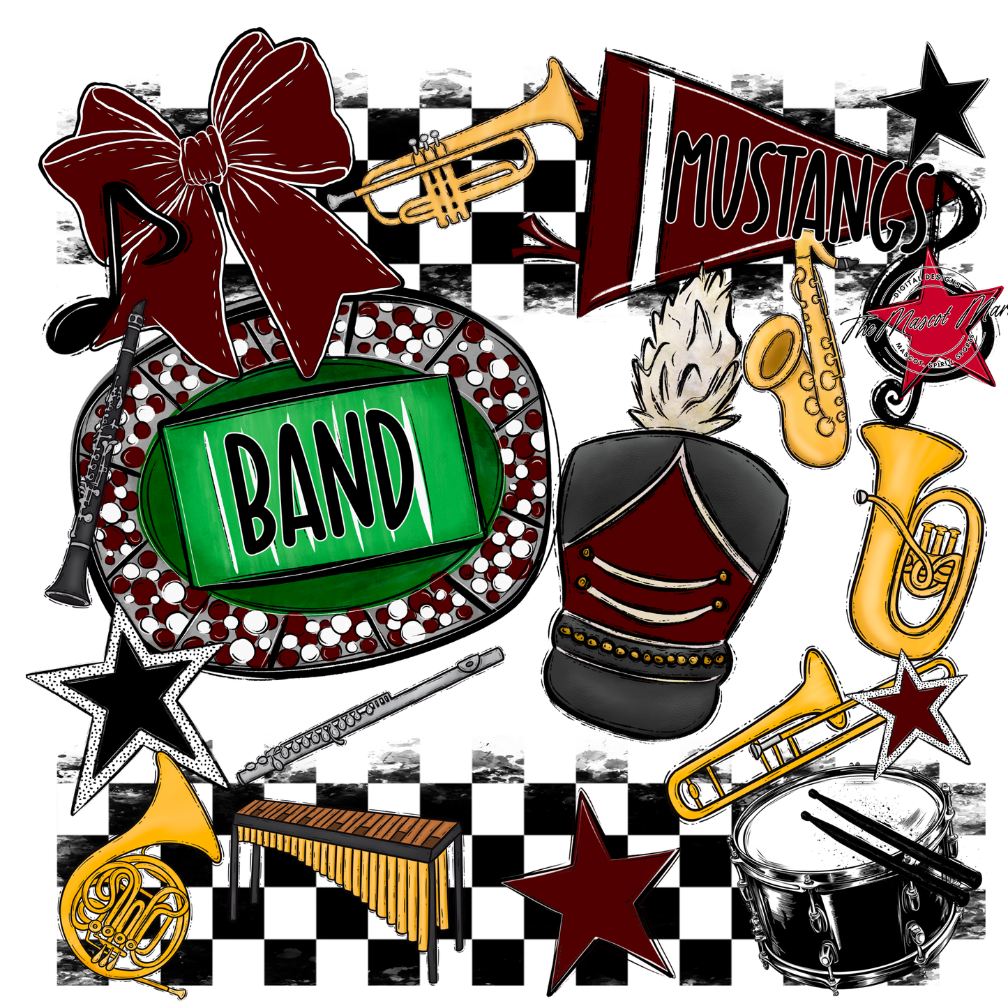 Mustangs Checkers Band Spirit Design-Maroon