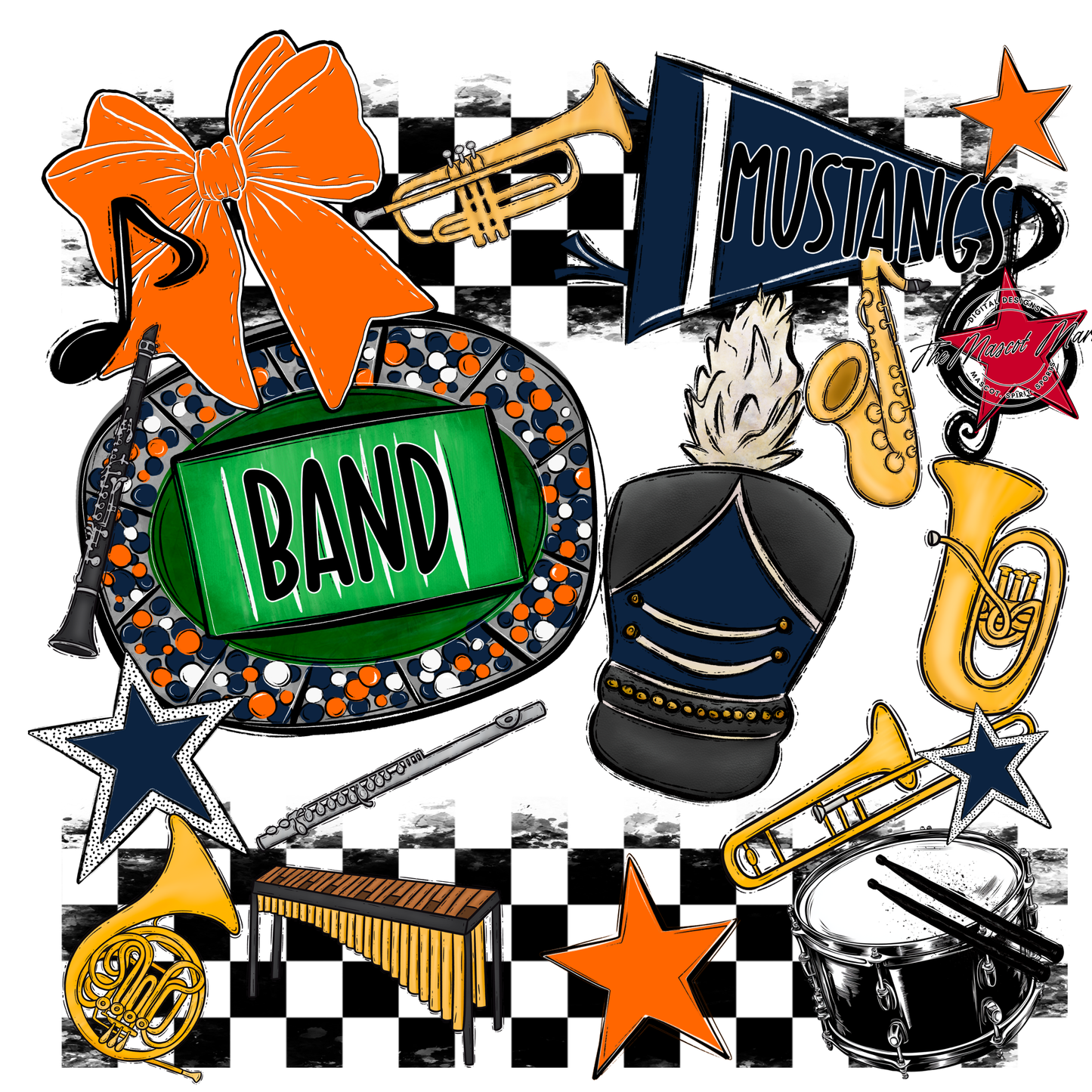 Mustangs Checkers Band Spirit Design-Navy-Orange