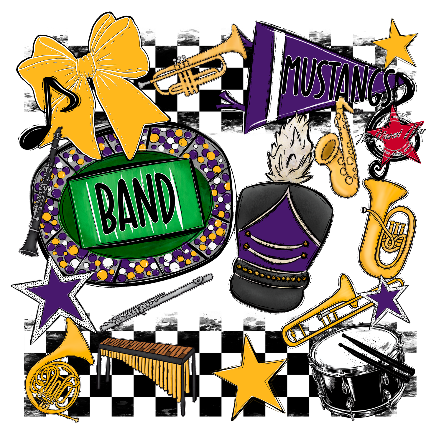 Mustangs Checkers Band Spirit Design-Purple-Yellow