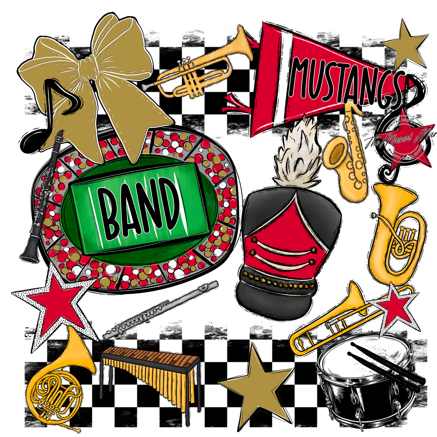 Mustangs Checkers Band Spirit Design-Red-Gold