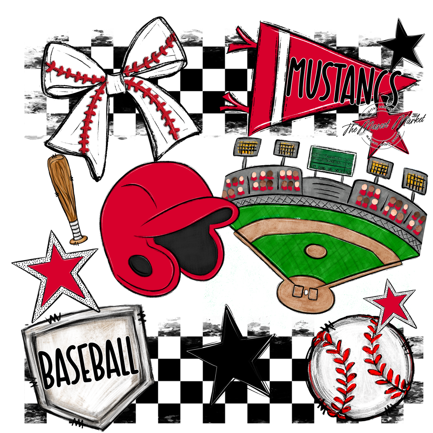 Mustangs Checkers Baseball Spirit Design-Red