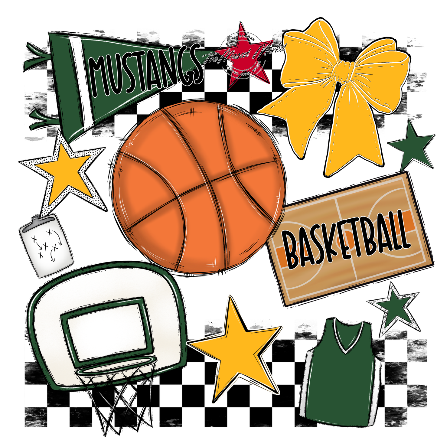 Mustangs Checkers Basketball Spirit Design-Green-Yellow