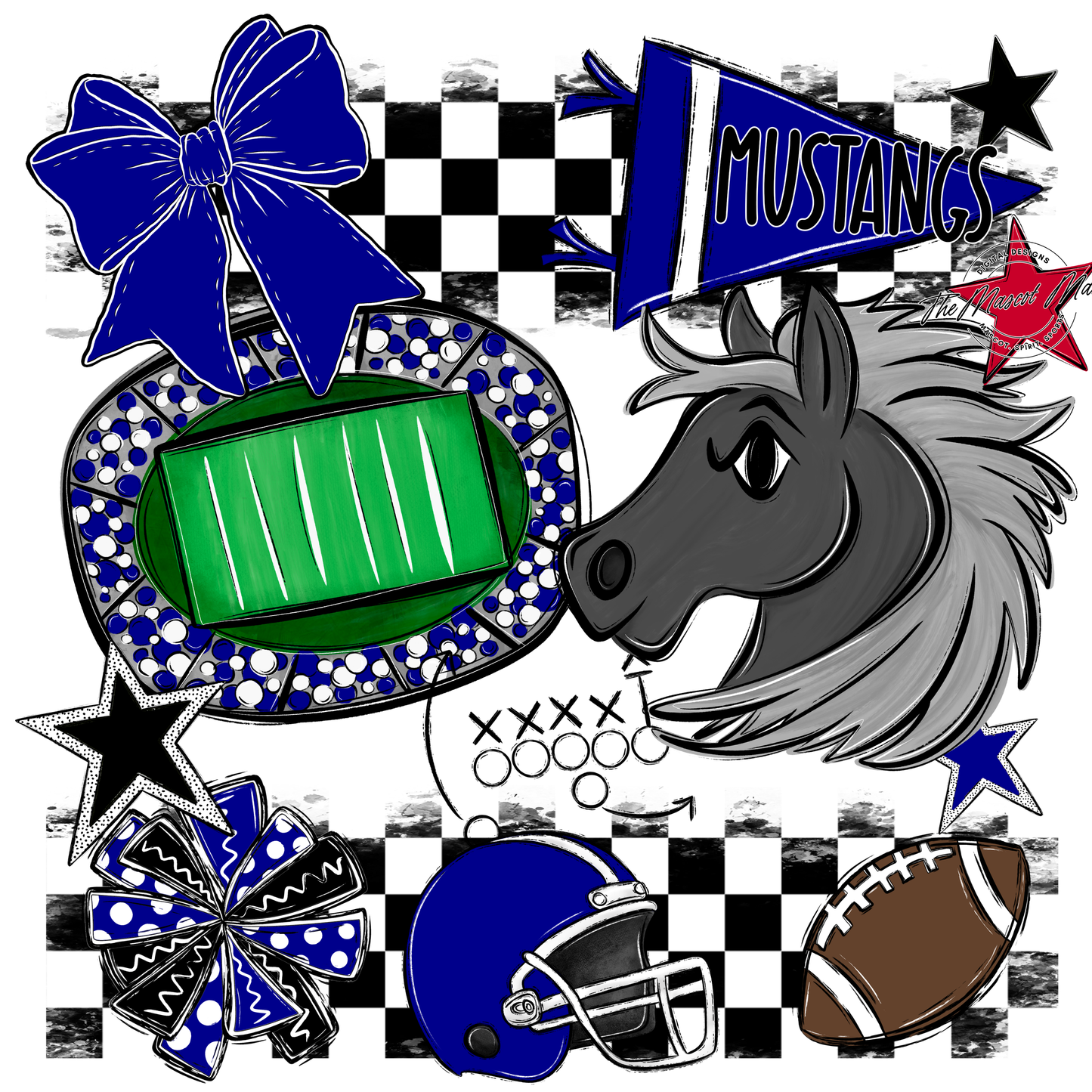 Mustangs Checkers Mascot Spirit Design-Blue