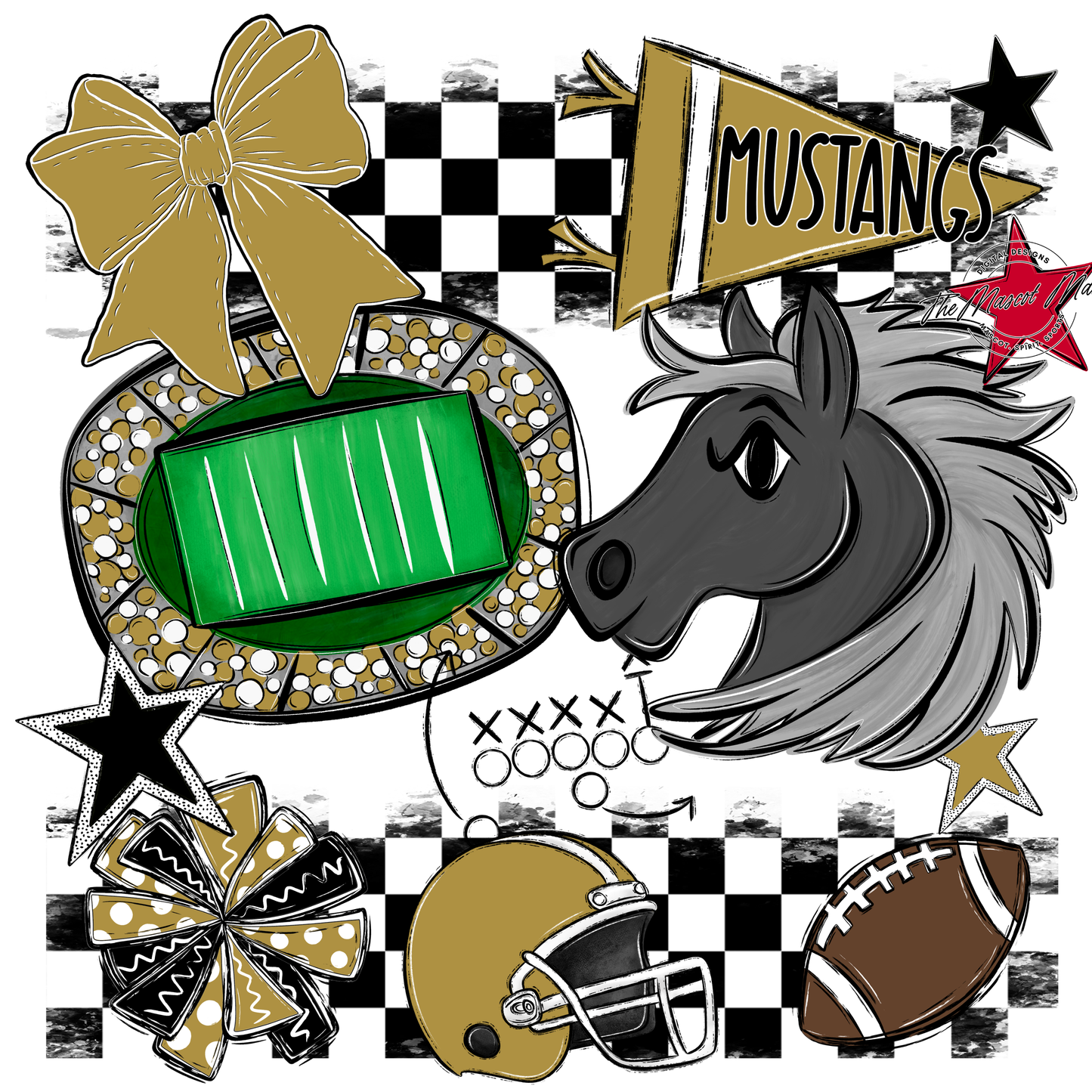 Mustangs Checkers Mascot Spirit Design-Gold
