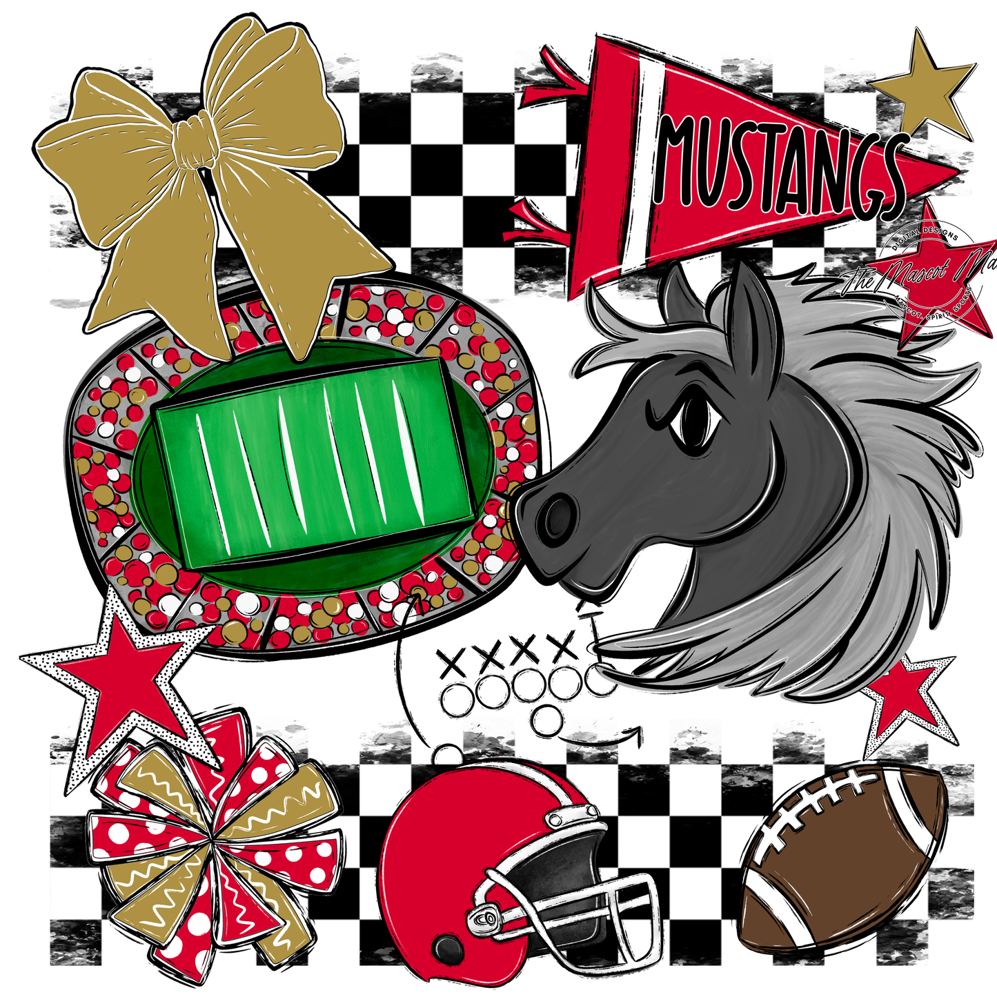 Mustangs Checkers Mascot Spirit Design-Red-Gold