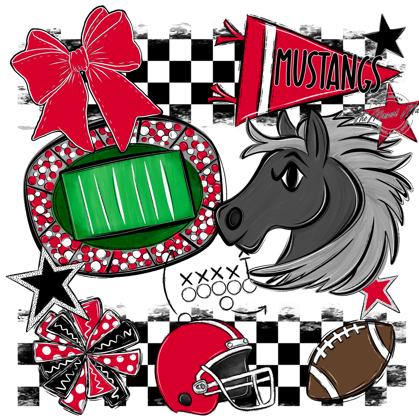 Mustangs Checkers Mascot Spirit Design-Red