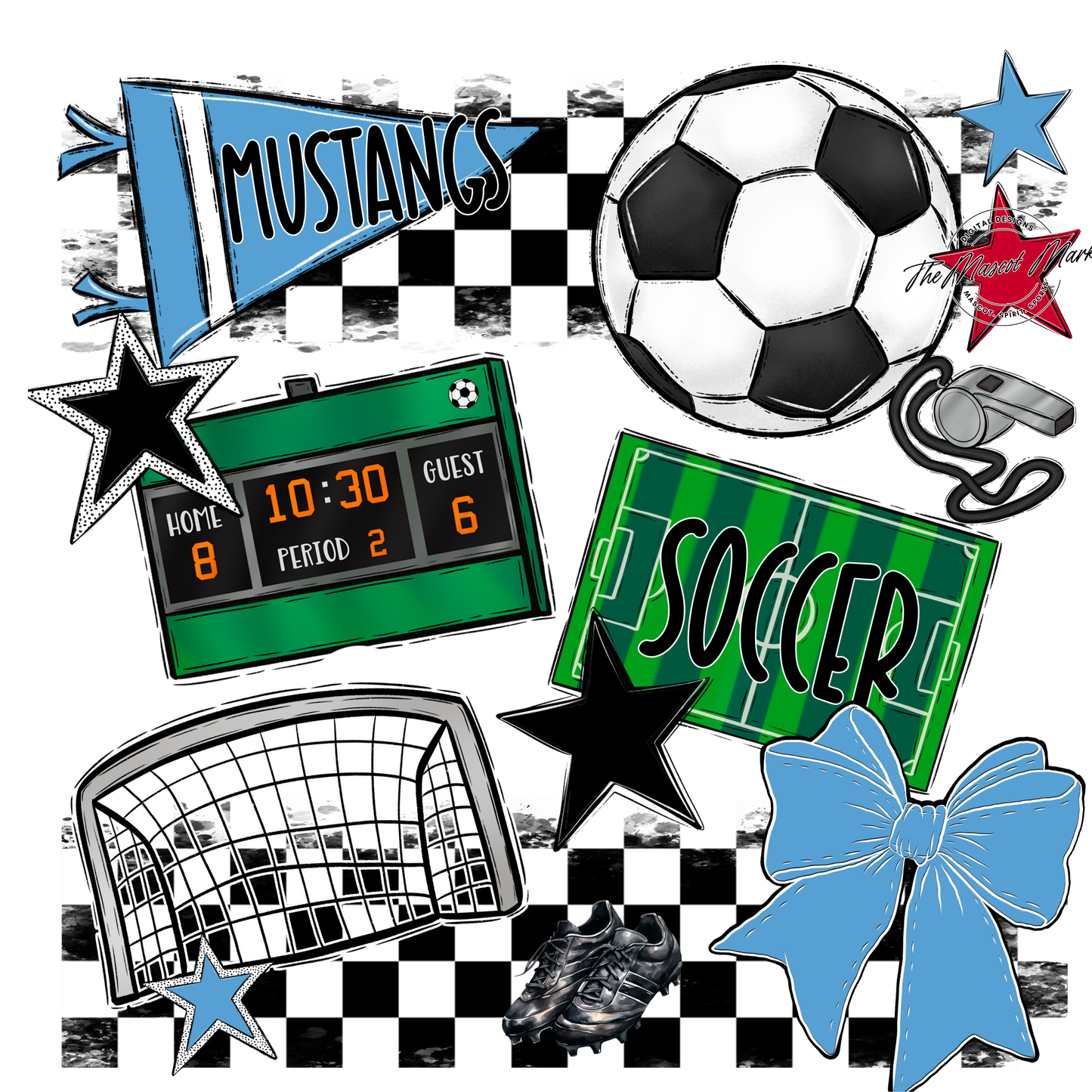 Mustangs Checkers Soccer Spirit Design-Carolina Blue