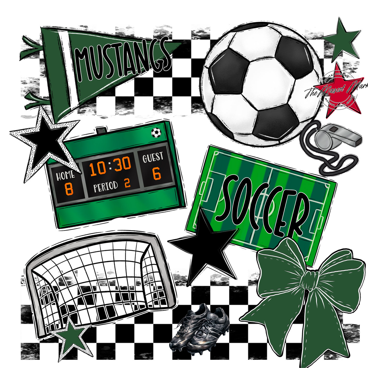 Mustangs Checkers Soccer Spirit Design-Green