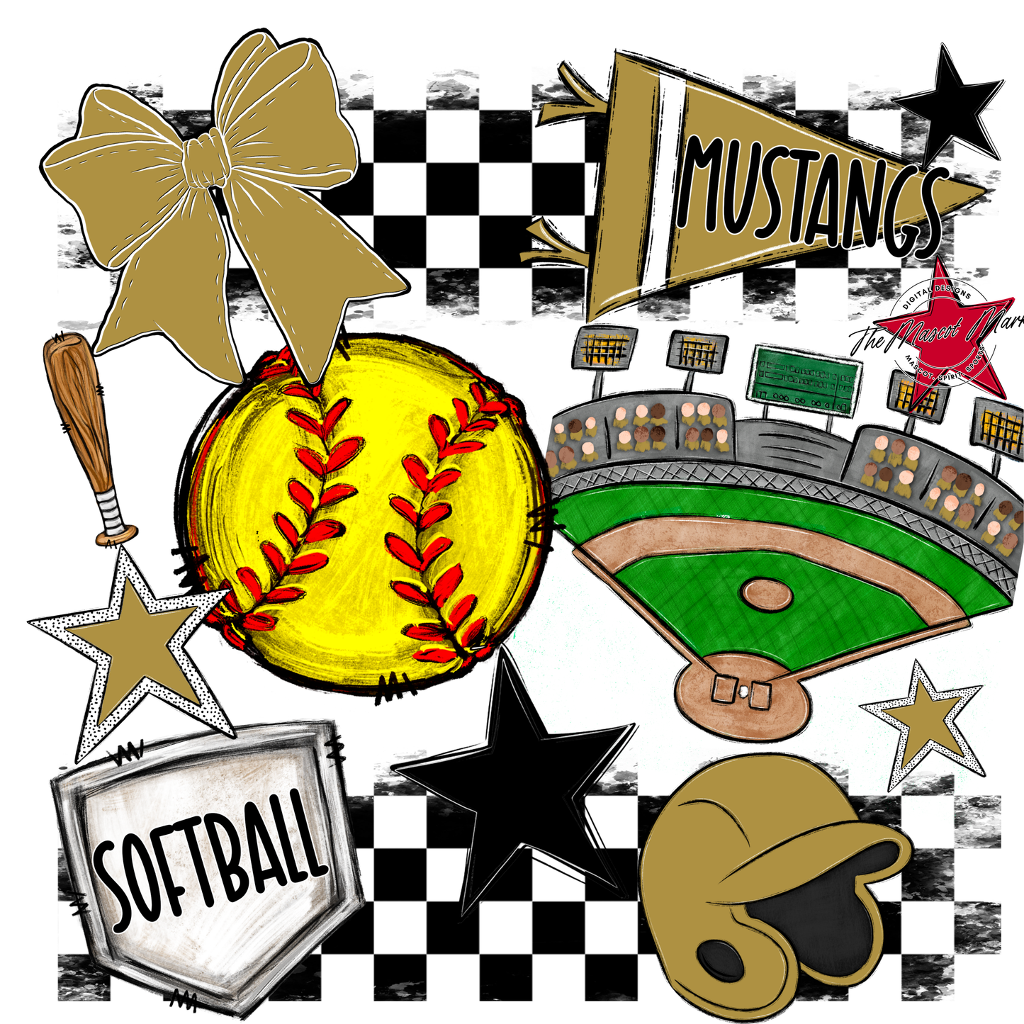 Mustangs Checkers Softball Spirit Design-Gold