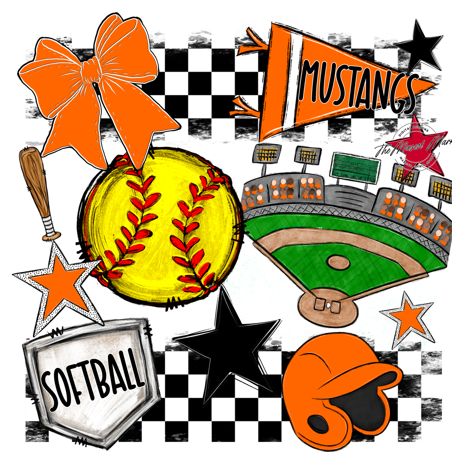 Mustangs Checkers Softball Spirit Design-Orange