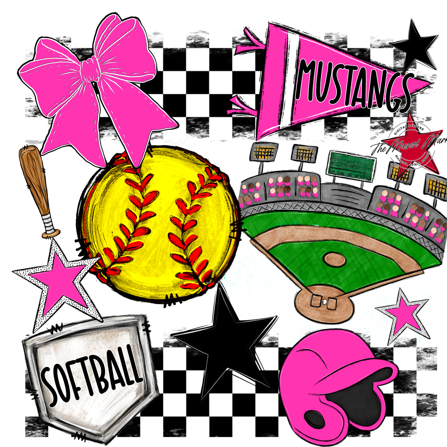 Mustangs Checkers Softball Spirit Design-Pink