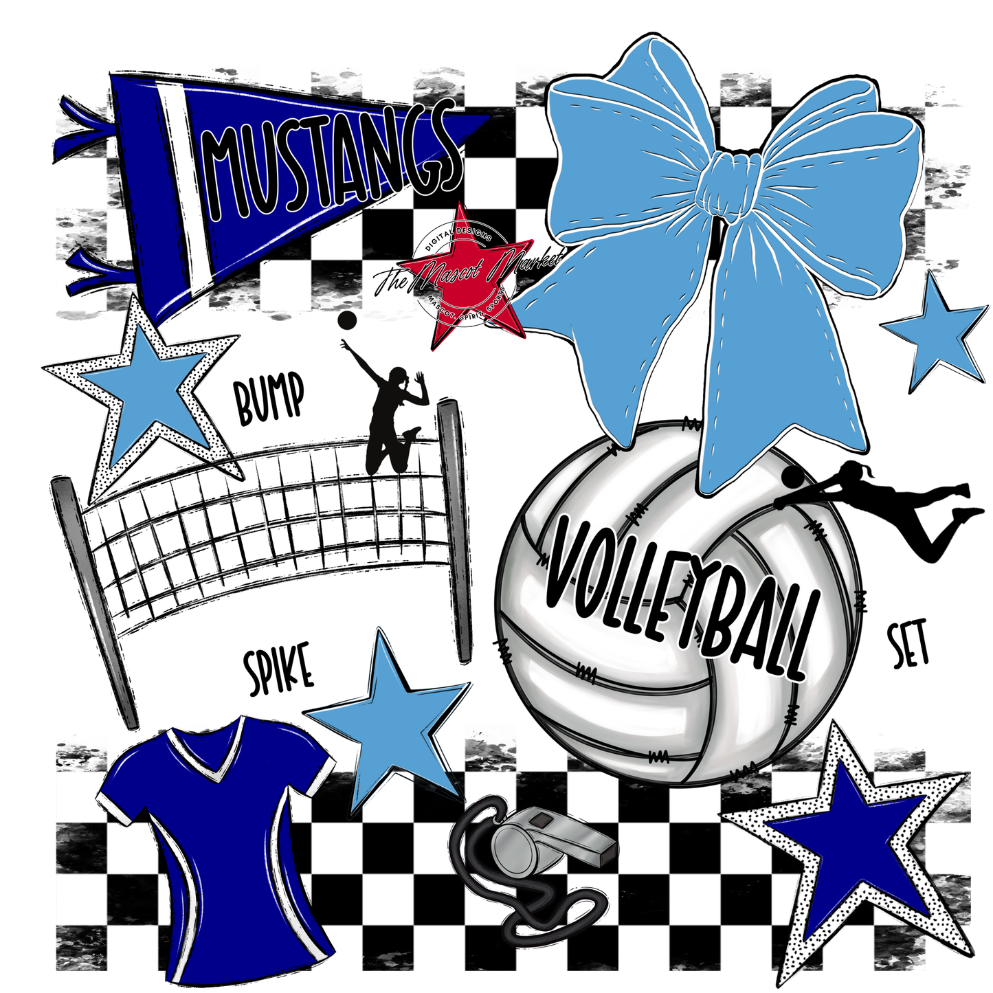 Mustangs Checkers Volleyball Spirit Design-Blue-Carolina Blue