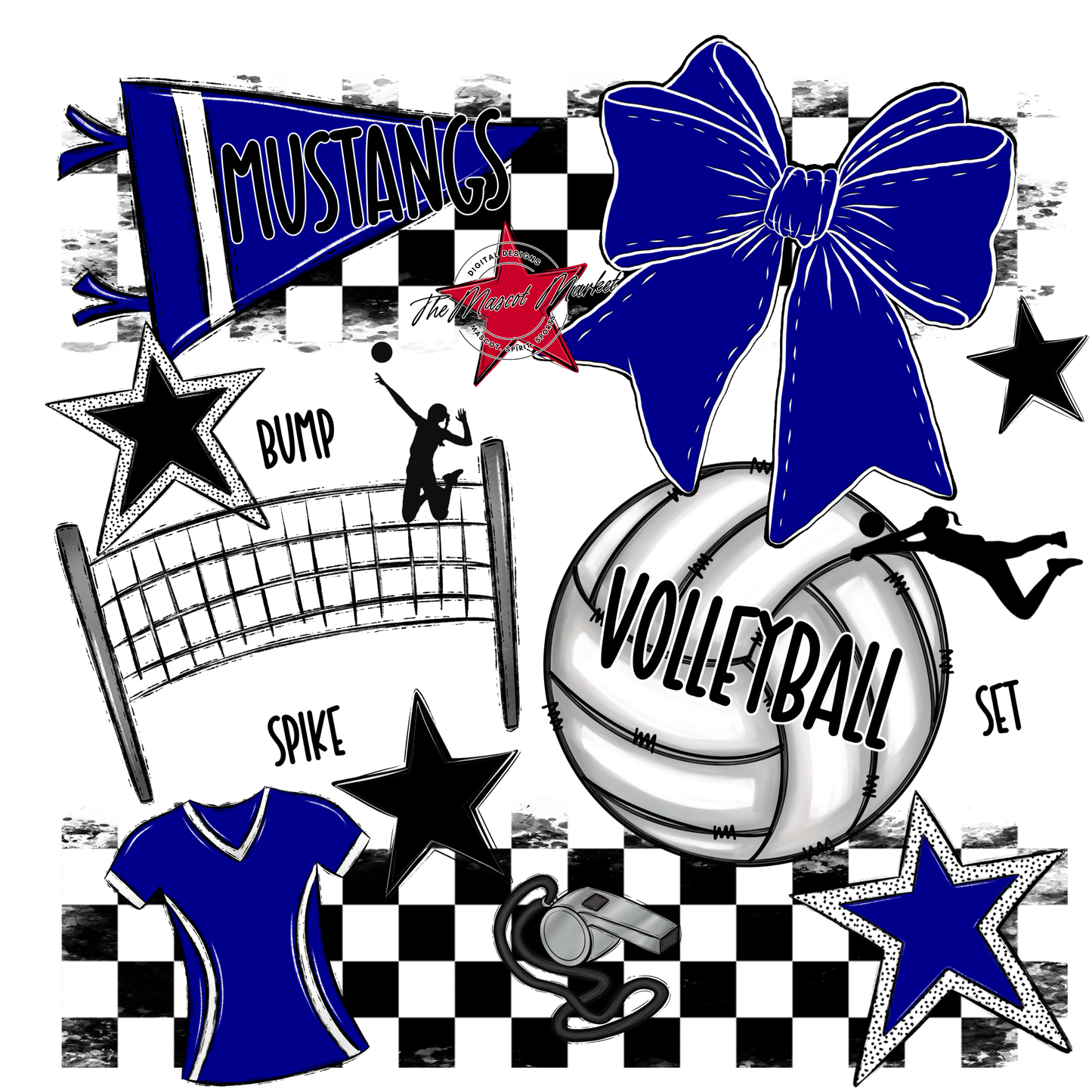 Mustangs Checkers Volleyball Spirit Design-Blue