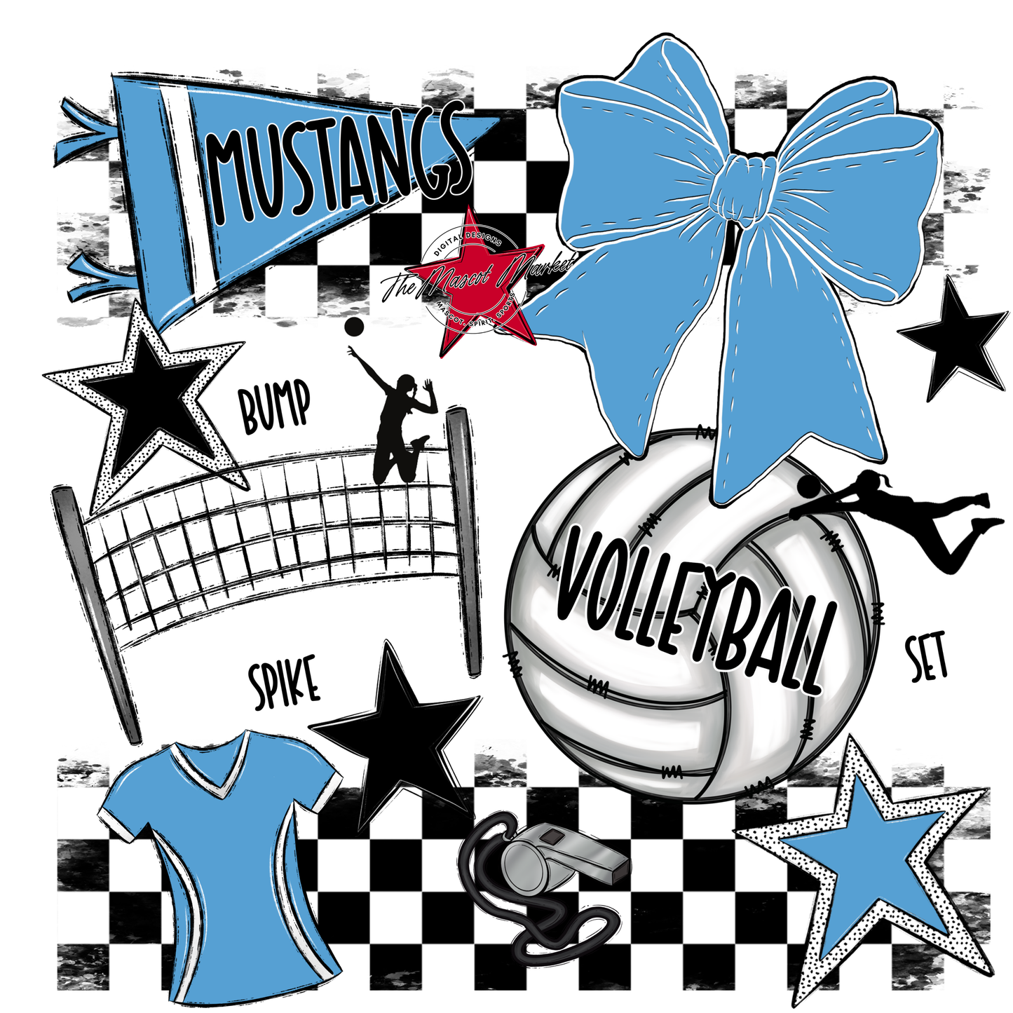 Mustangs Checkers Volleyball Spirit Design-Carolina Blue