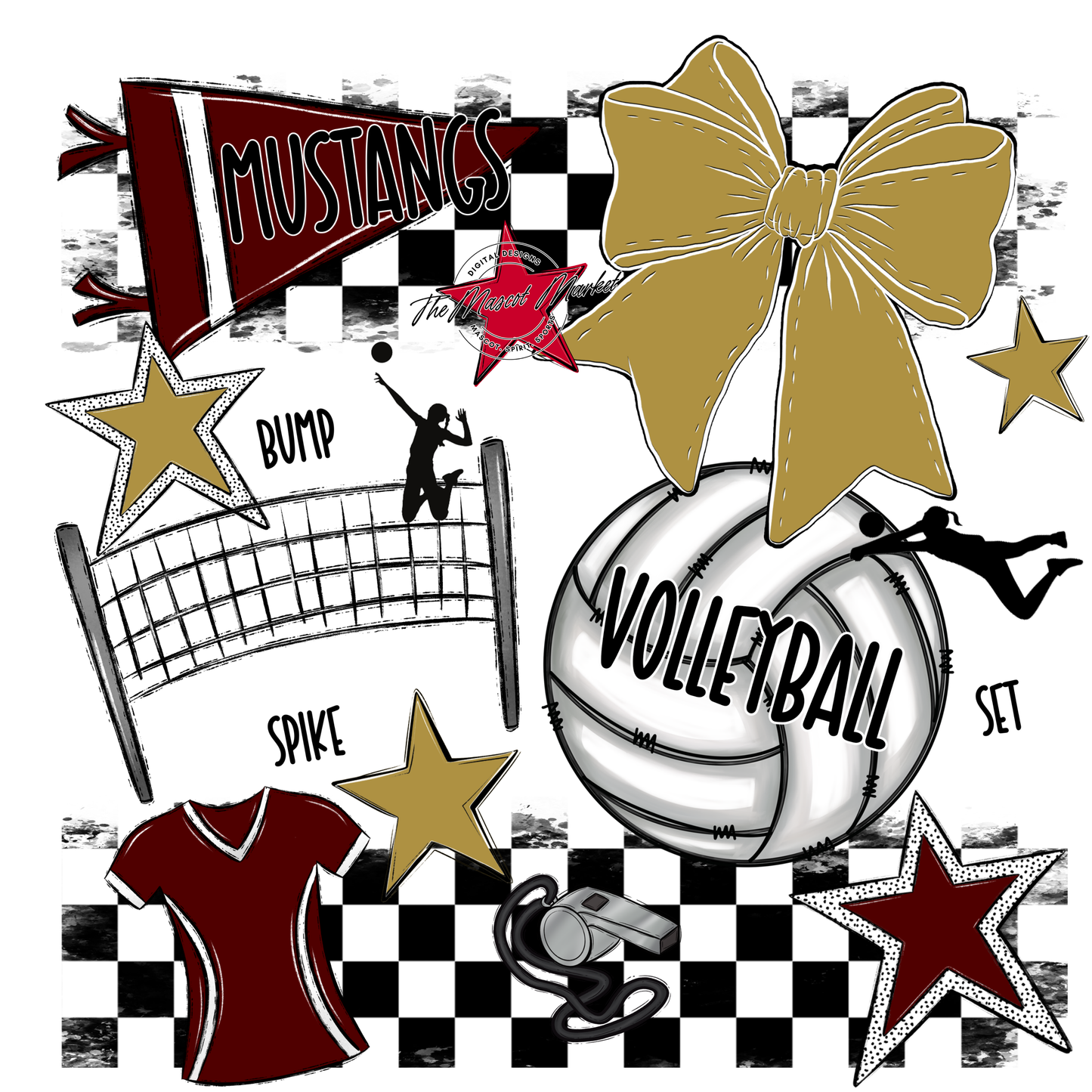 Mustangs Checkers Volleyball Spirit Design-Maroon-Gold