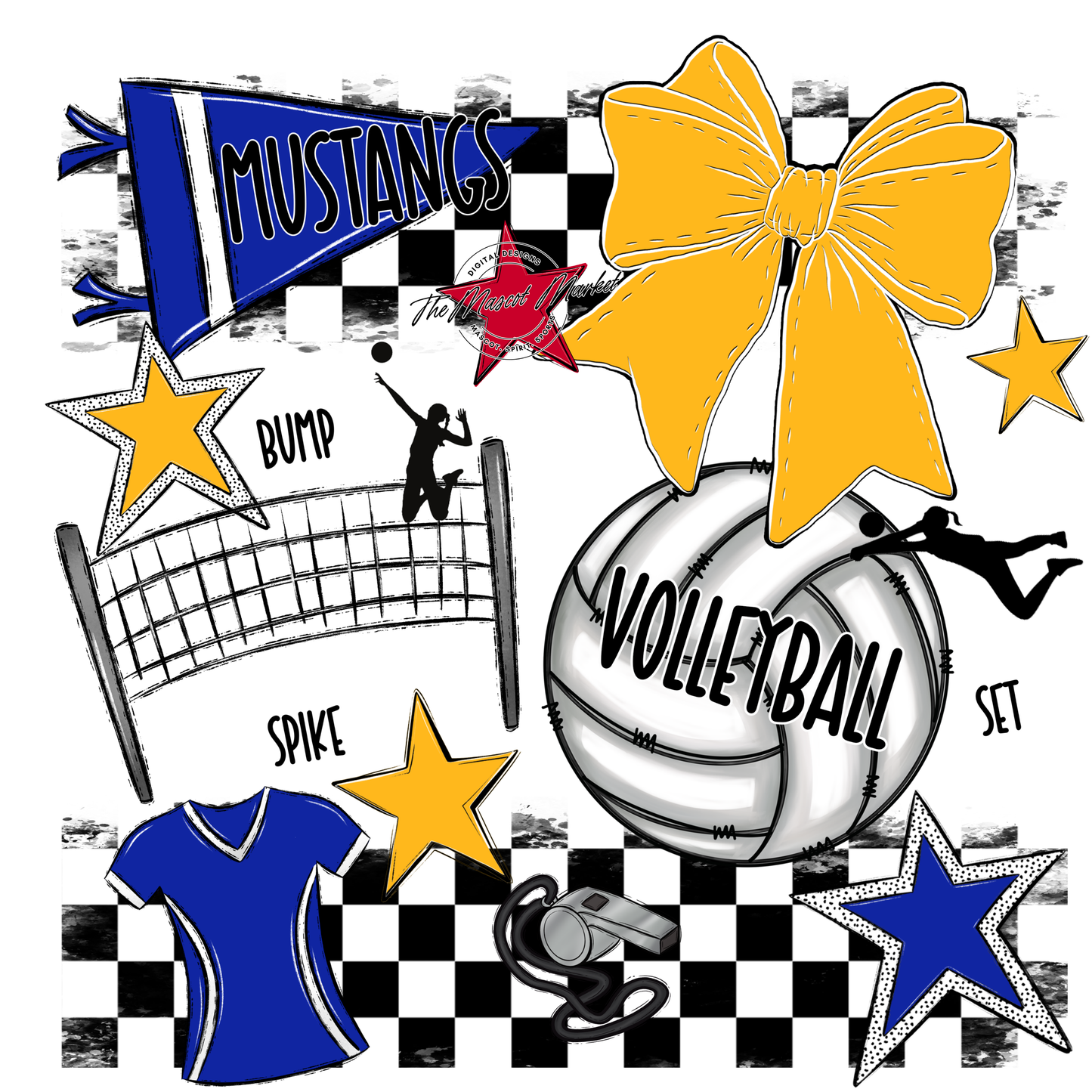 Mustangs Checkers Volleyball Spirit Design-Royal Blue-Yellow