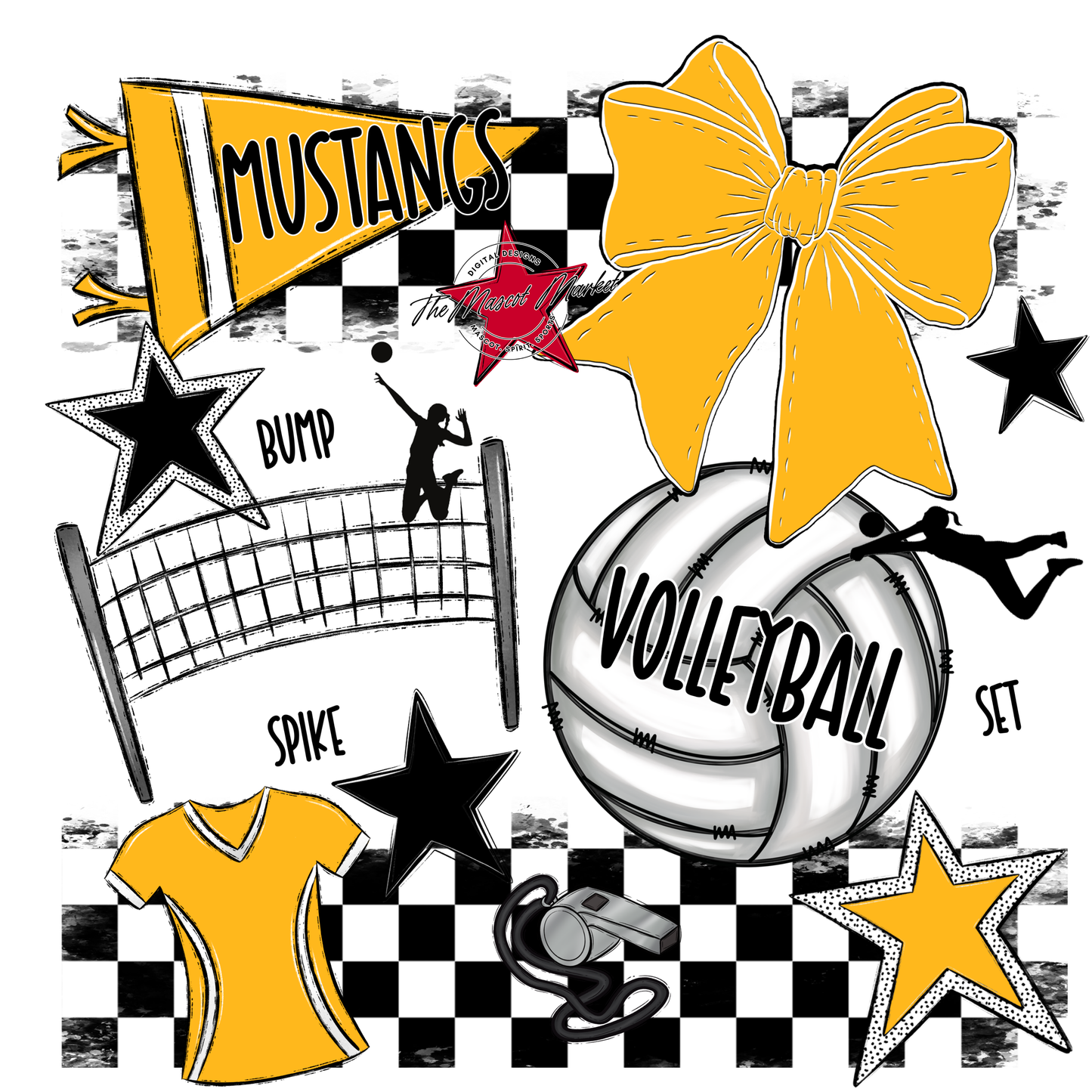 Mustangs Checkers Volleyball Spirit Design-Yellow
