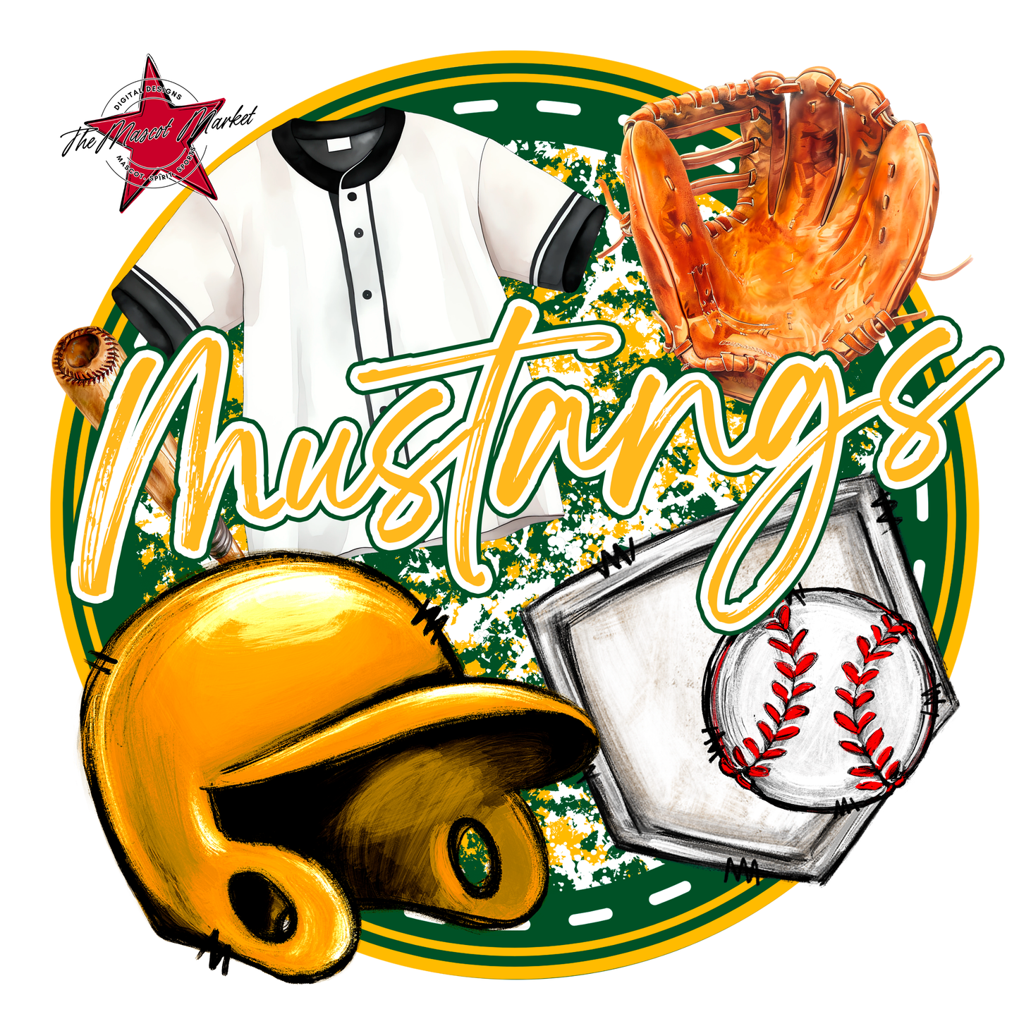 Mustangs Circle Baseball Design-Green-Yellow