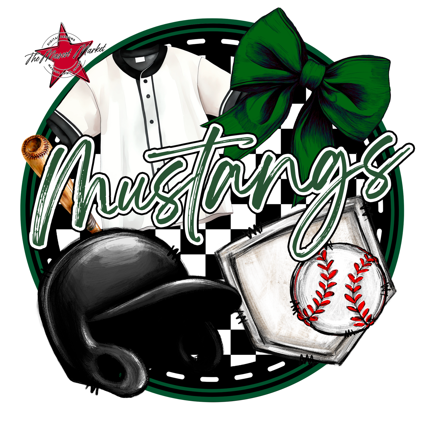 Mustangs Circle Baseball Design-Green