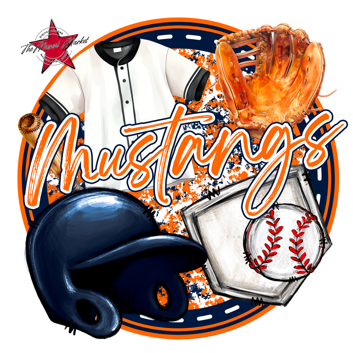 Mustangs Circle Baseball Design-Navy-Orange