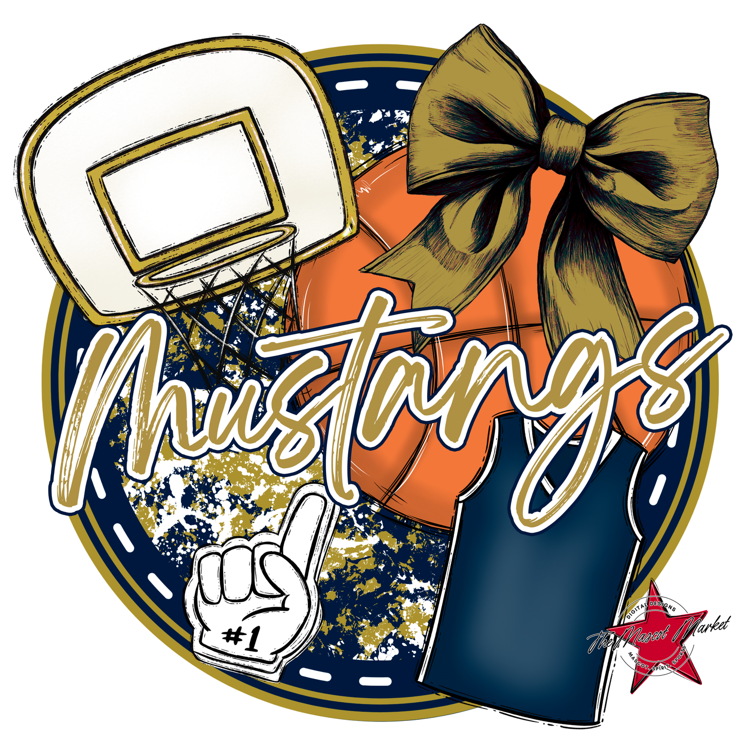 Mustangs Circle Basketball Design-Navy-Gold