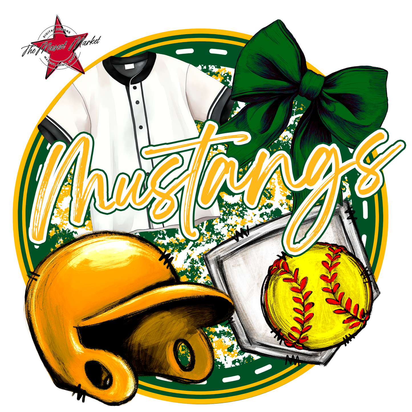 Mustangs Circle Softball Design-Green-Yellow