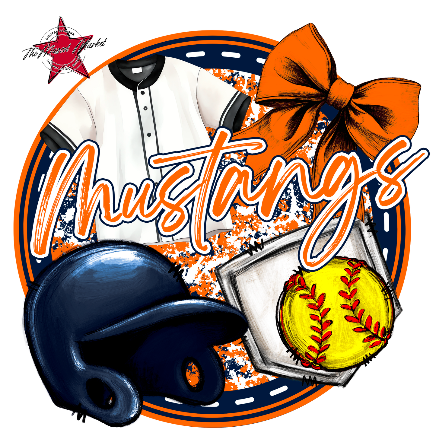 Mustangs Circle Softball Design-Navy-Orange
