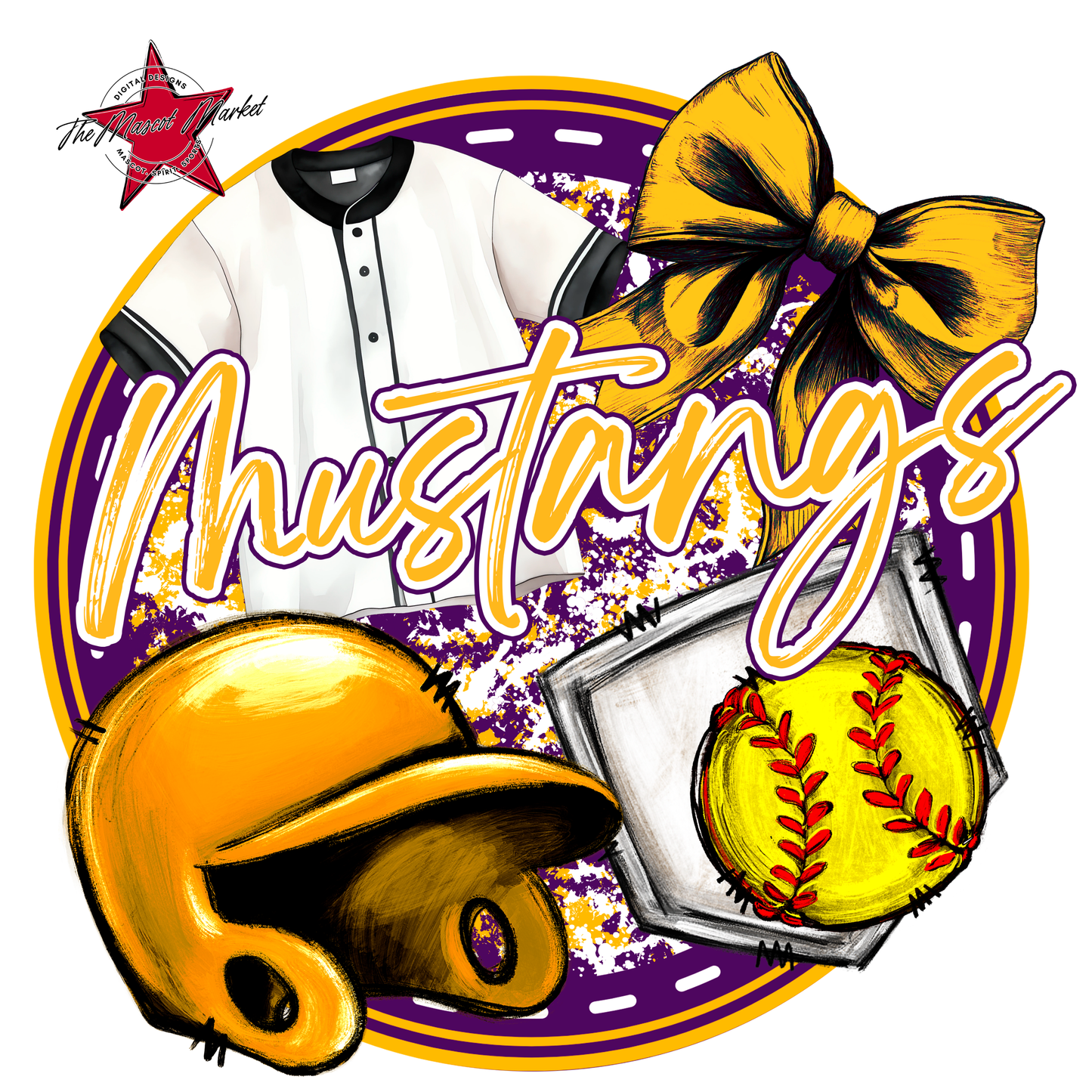Mustangs Circle Softball Design-Purple-Yellow