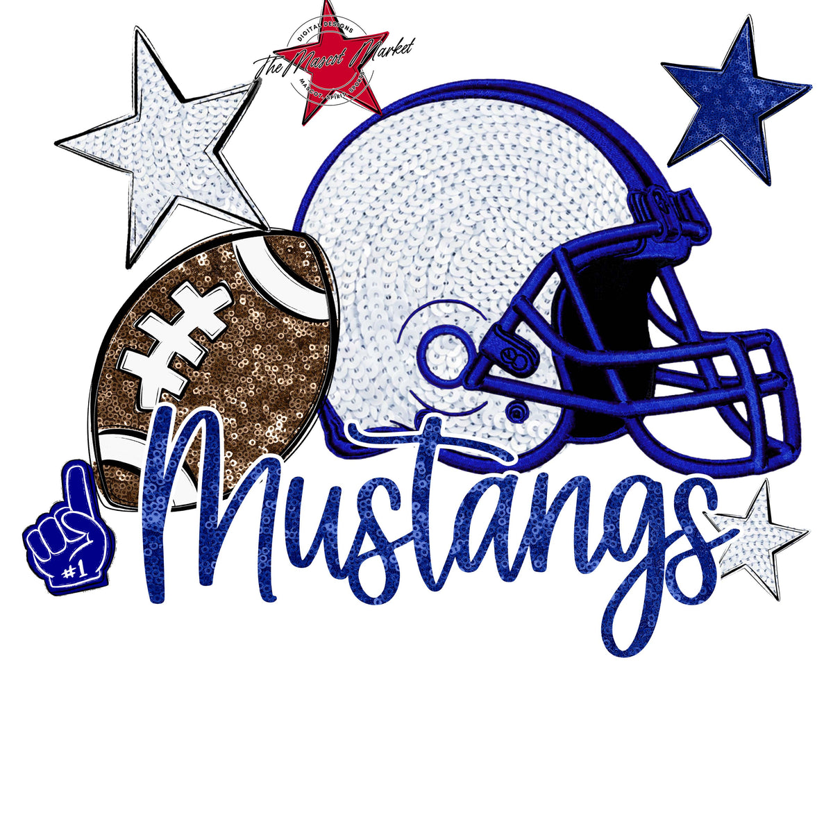 Mustangs Football Embroidered Sequins Design-Blue