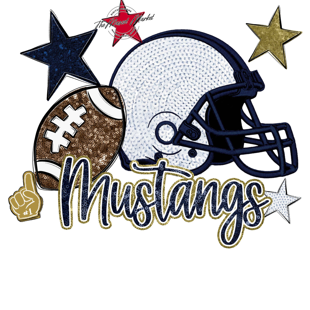 Mustangs Football Embroidered Sequins Design-Navy & Gold