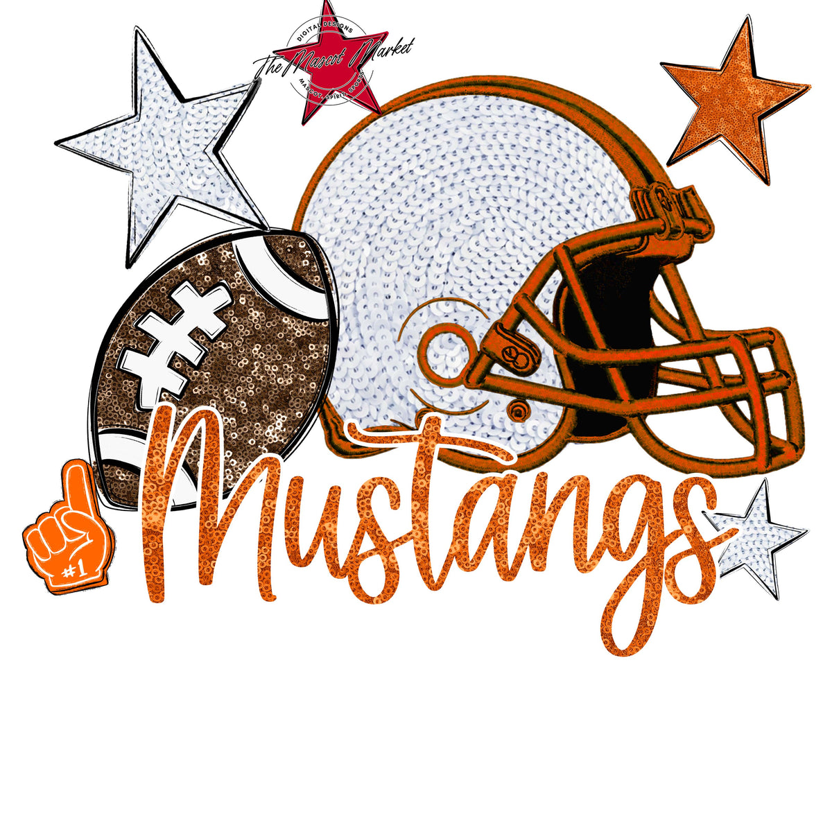 Mustangs Football Embroidered Sequins Design-Orange