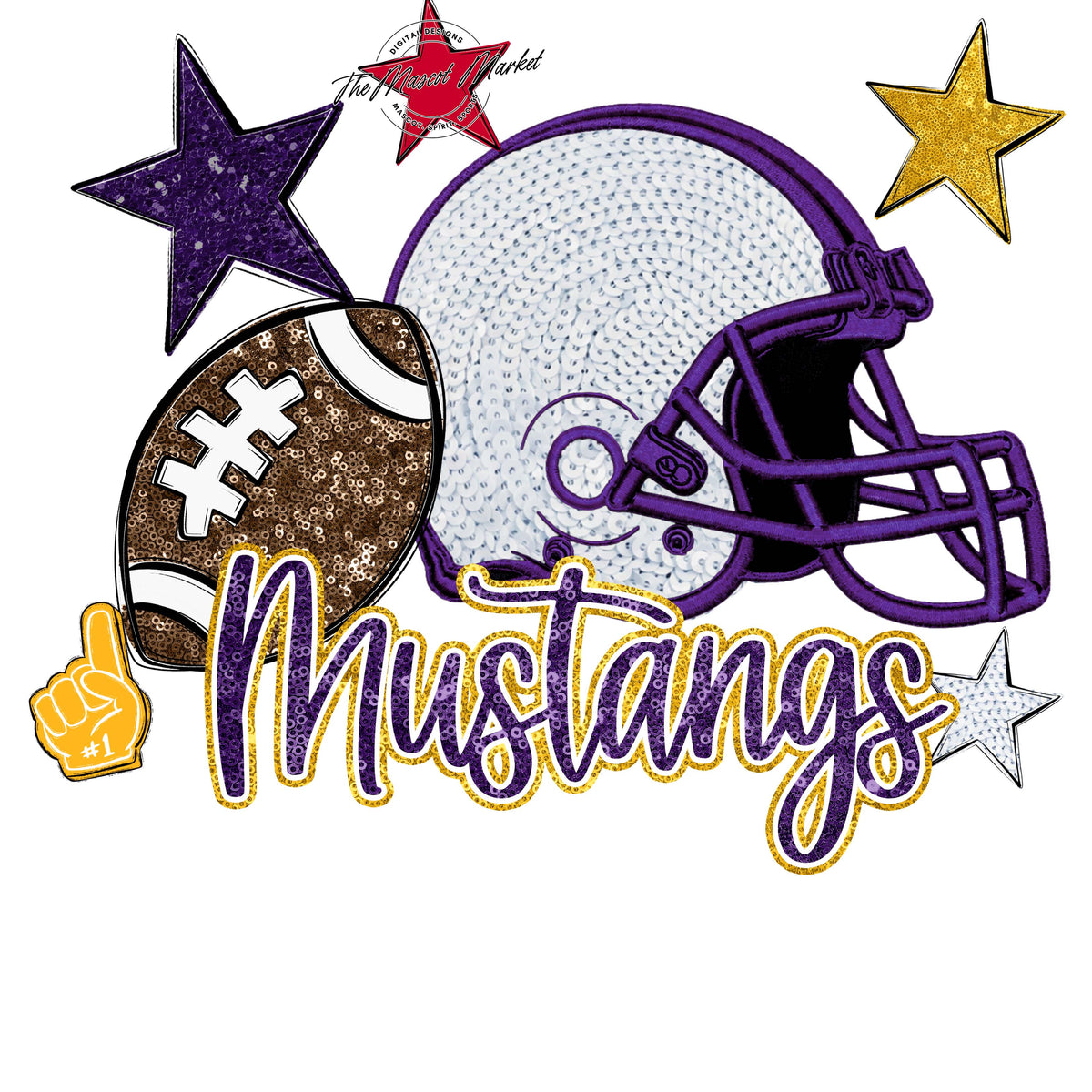 Mustangs Football Embroidered Sequins Design-Purple & Yellow