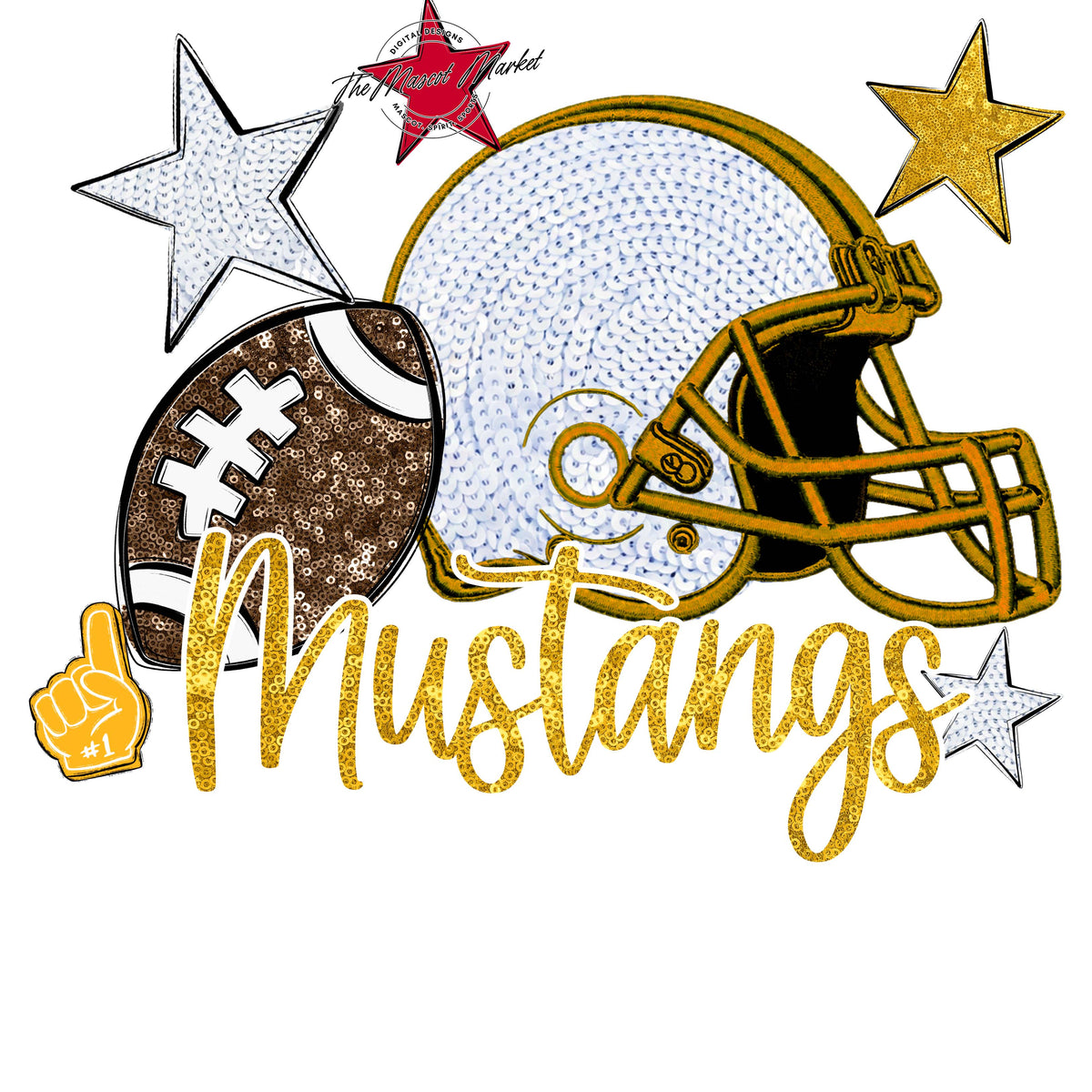 Mustangs Football Embroidered Sequins Design-Yellow