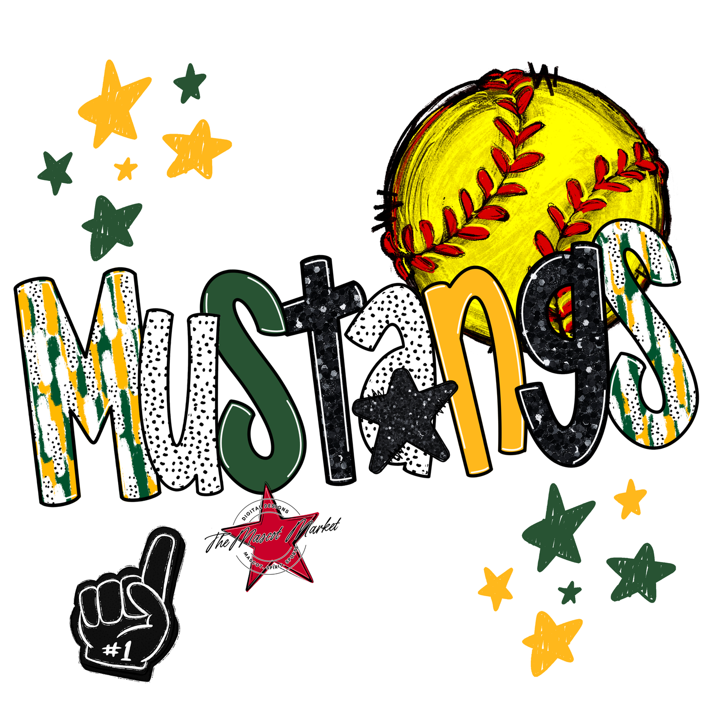 Mustangs Softball Scrape-Green-Yellow