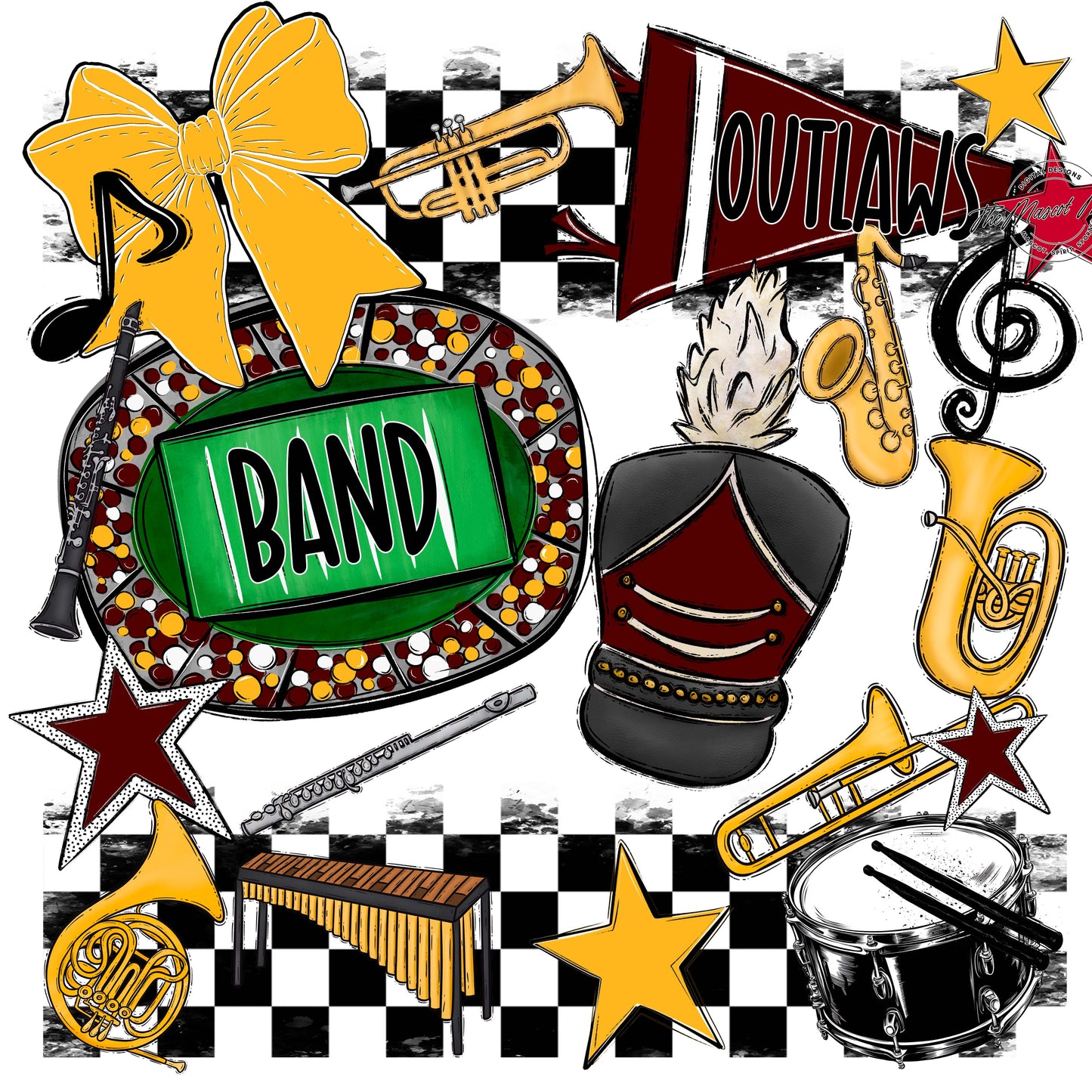 Outlaws Checkers Band Design-Maroon & Yellow