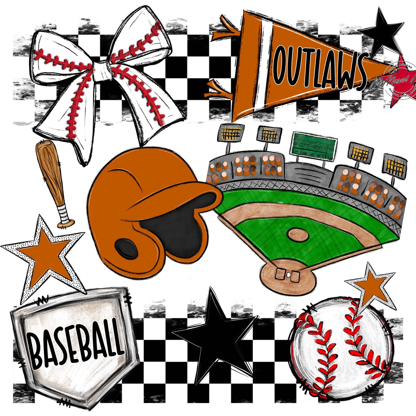 Outlaws Checkers Baseball Design-Burnt Orange