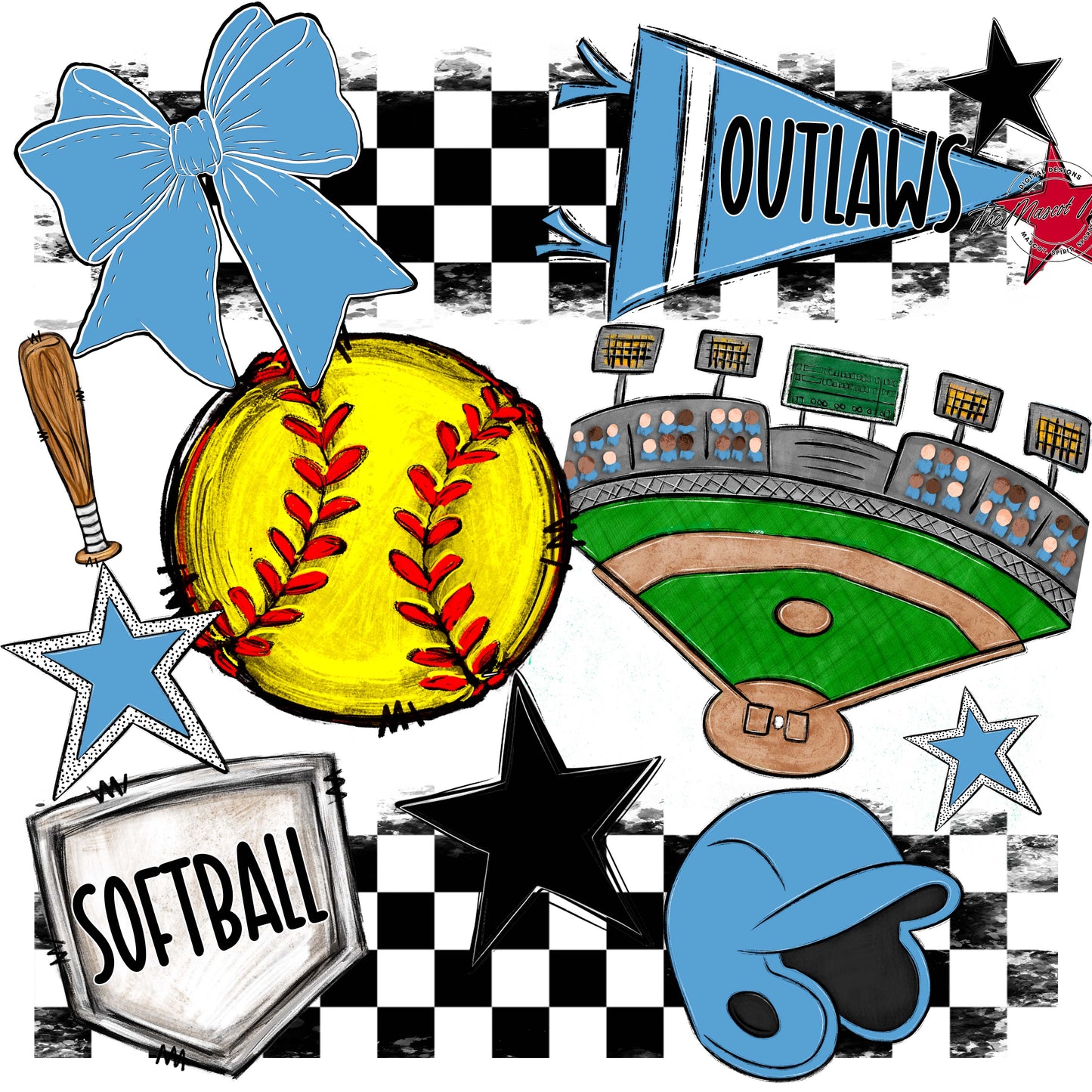 Outlaws Checkers Softball Design-Carolina Blue