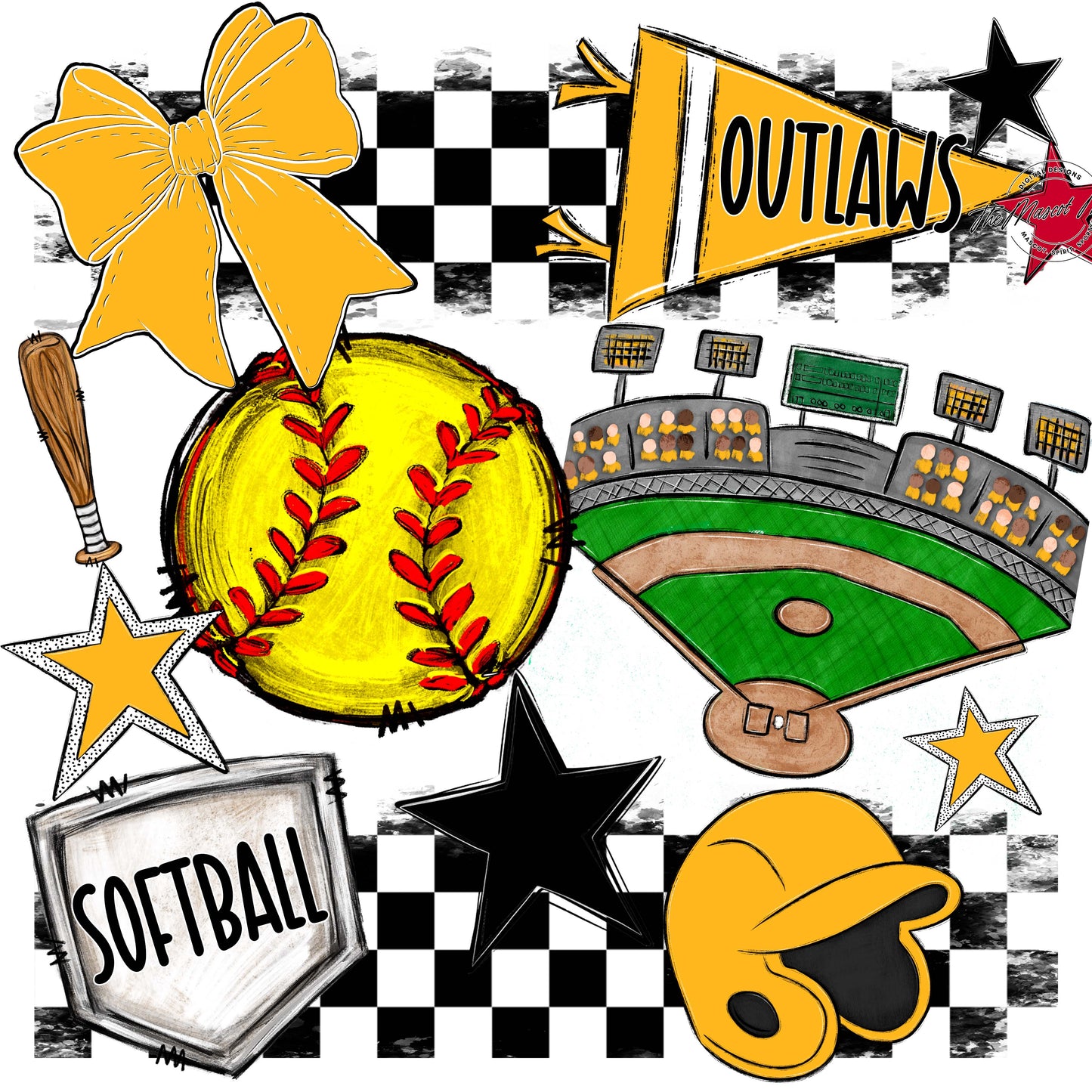 Outlaws Checkers Softball Design-Yellow