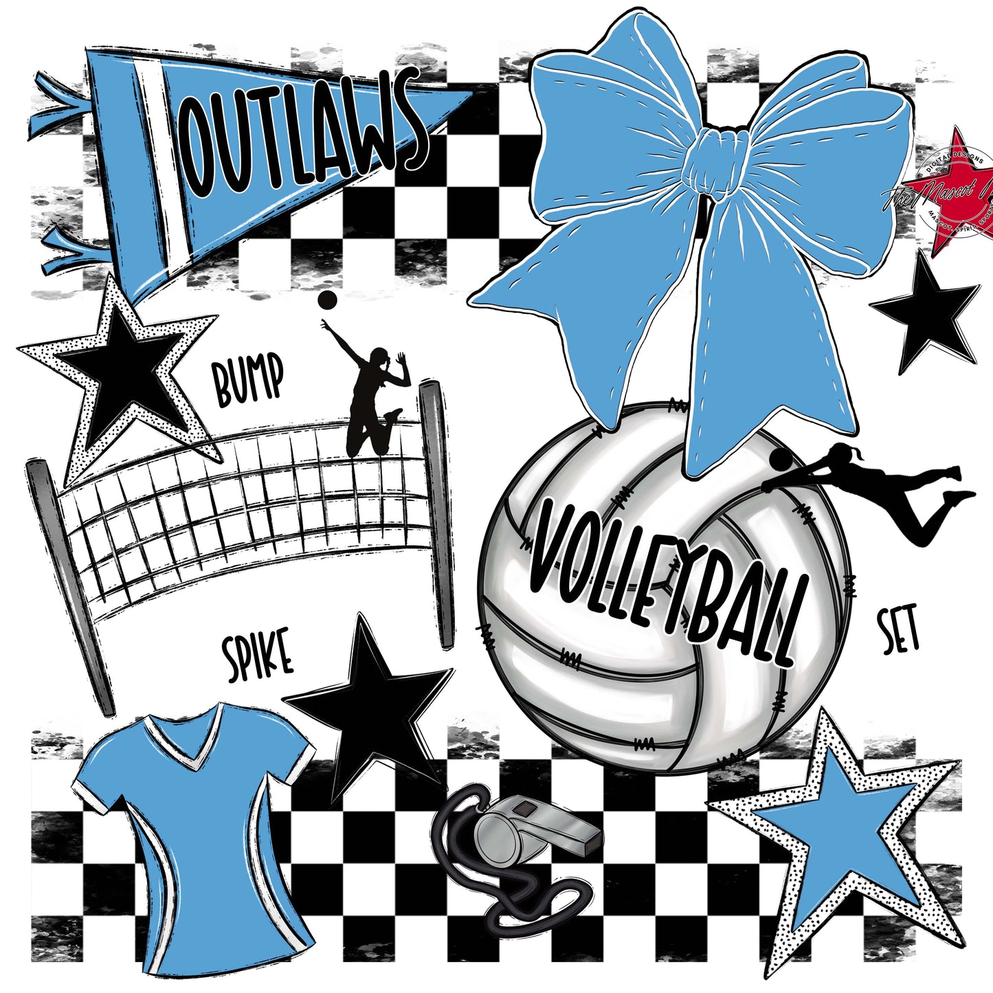 Outlaws Checkers Volleyball Design-Carolina Blue