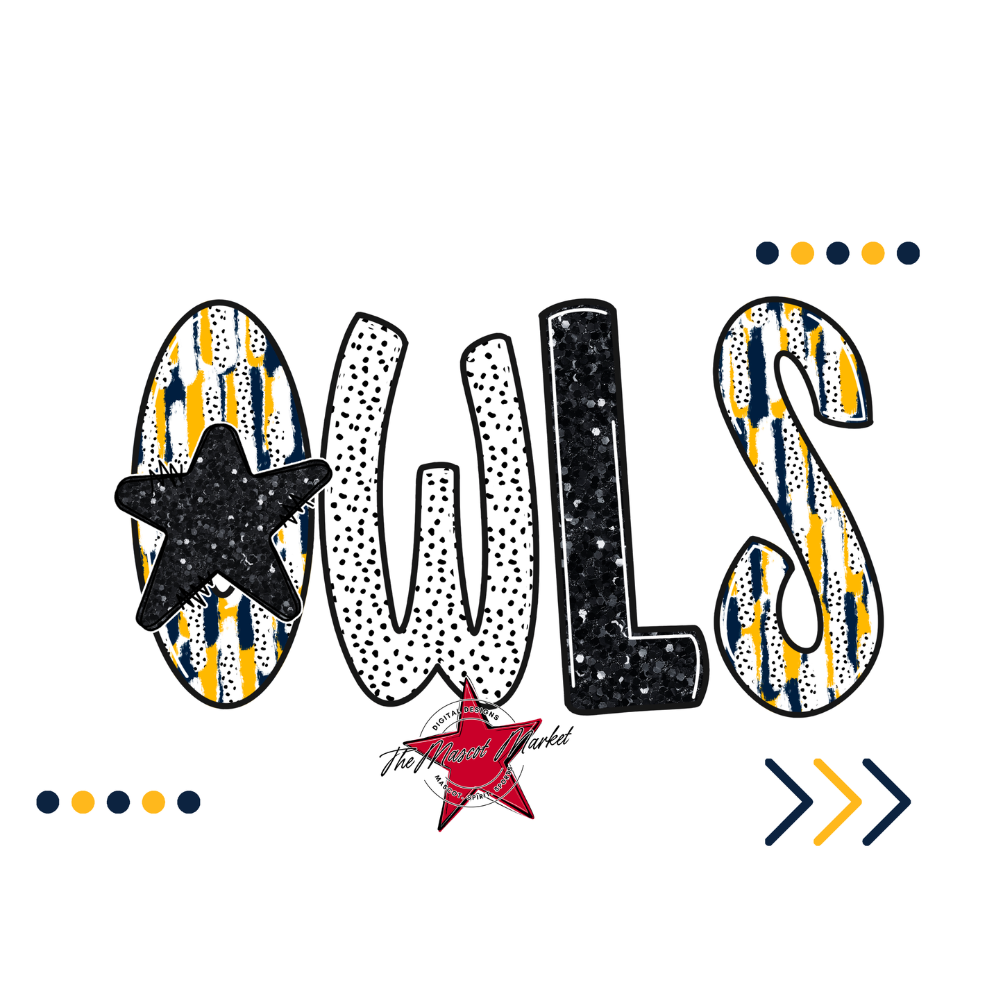 Owls Brushstroke Alpha w Arrows-Navy-Yellow