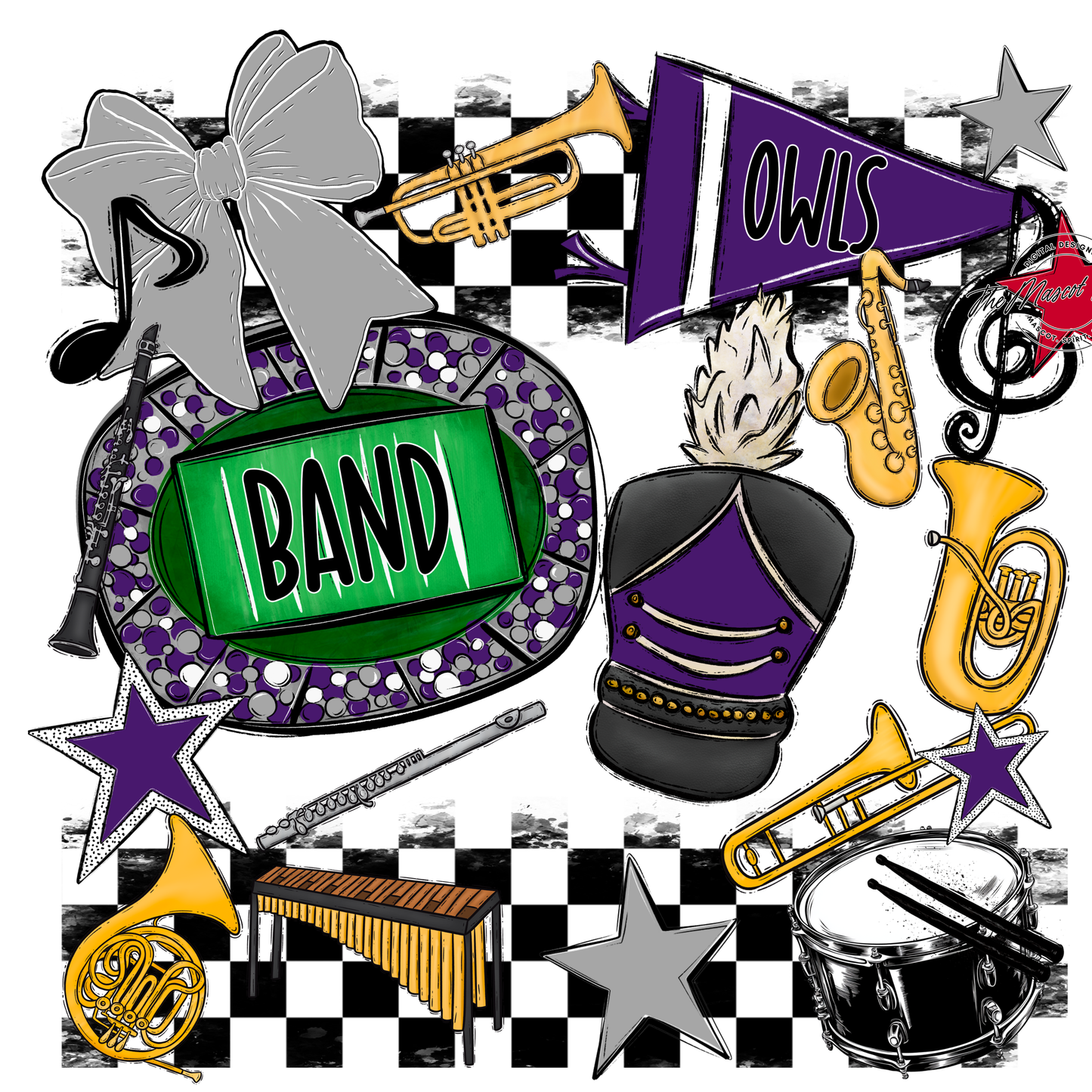 Owls Checkers Band Spirit Design-Purple-Grey