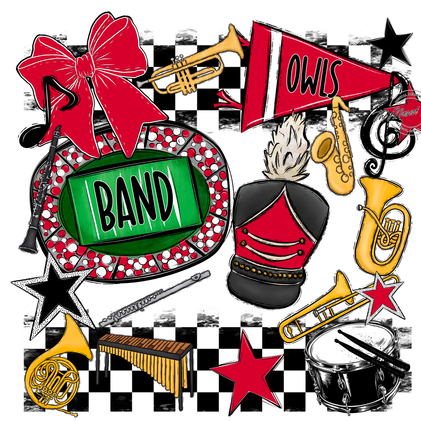 Owls Checkers Band Spirit Design-Red