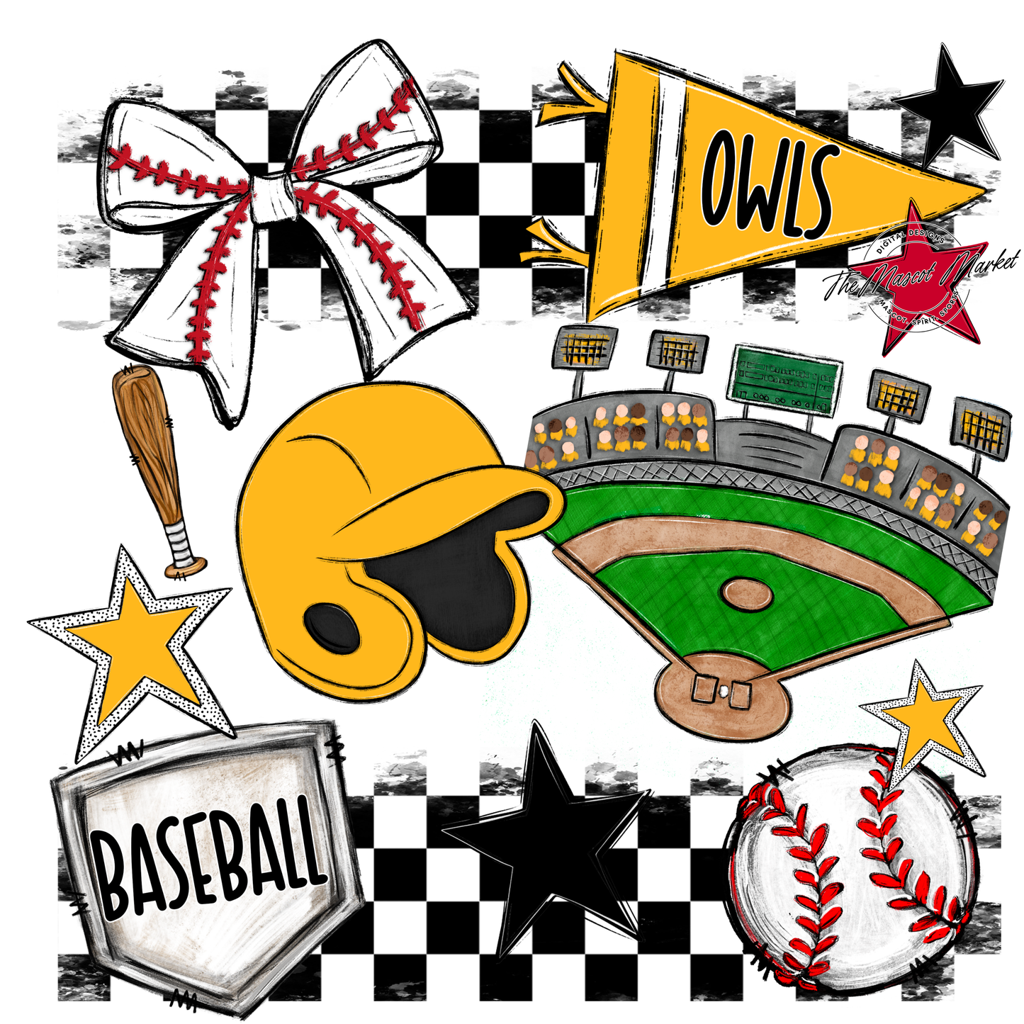 Owls Checkers Baseball Spirit Design-Yellow