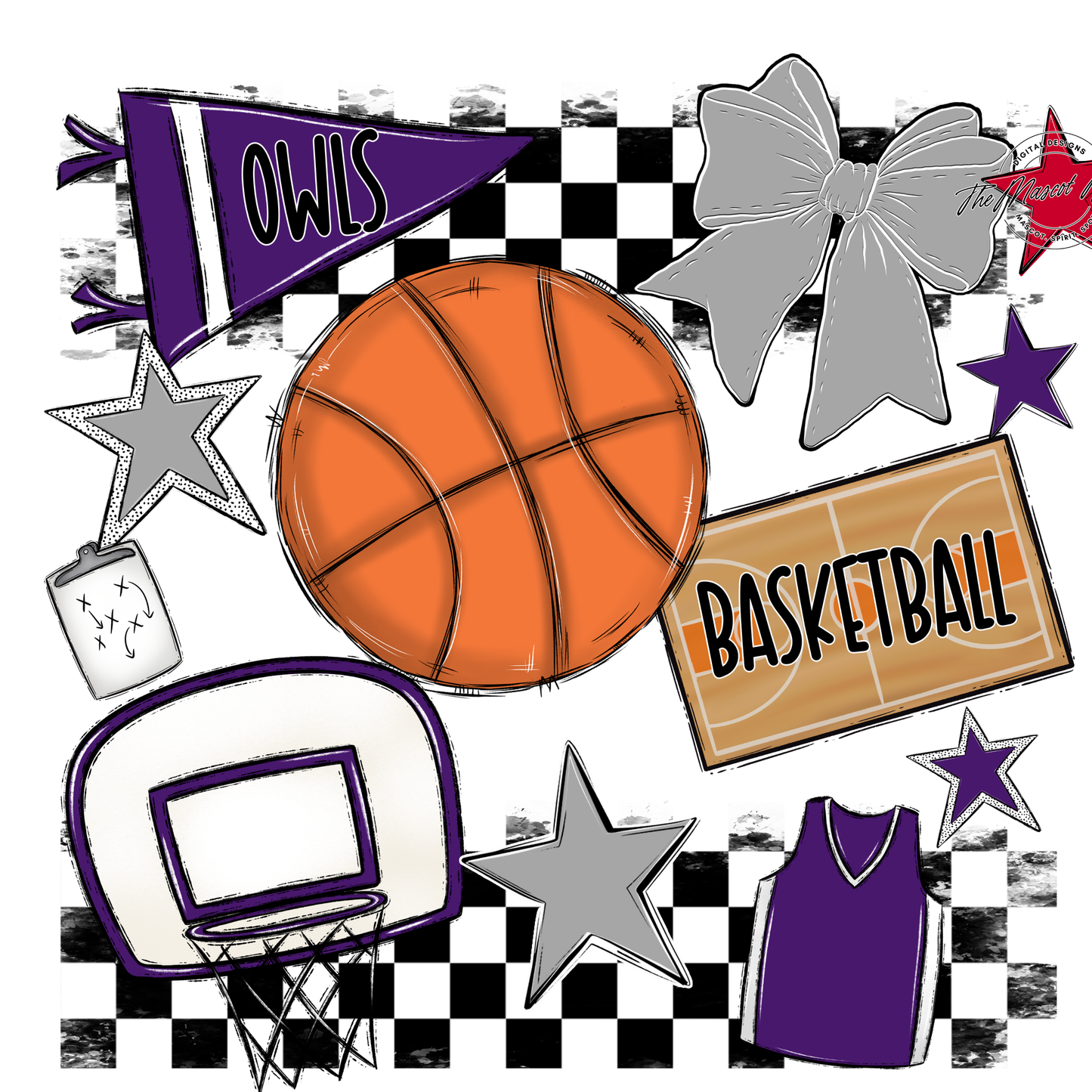 Owls Checkers Basketball Spirit Design-Purple-Grey