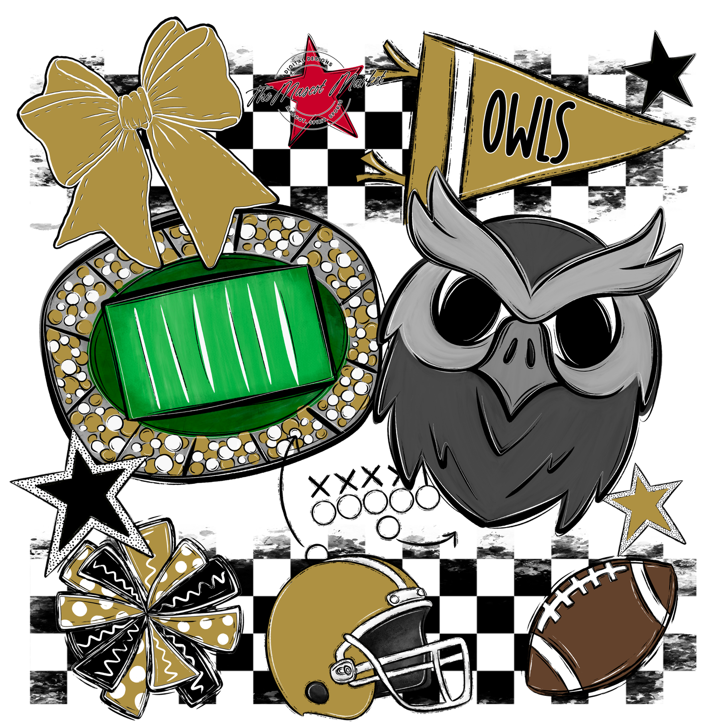 Owls Checkers Mascot Spirit Design-Gold