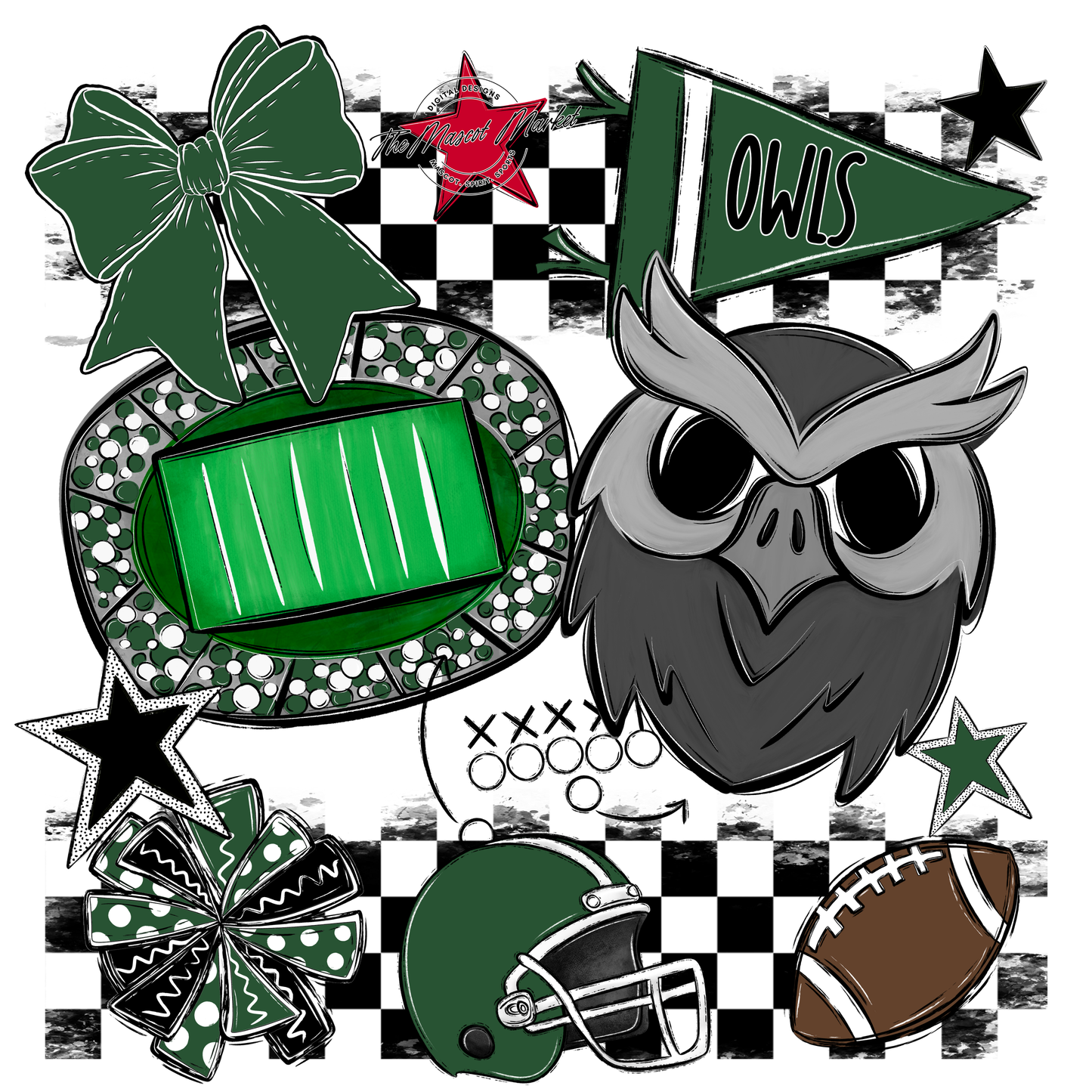 Owls Checkers Mascot Spirit Design-Green